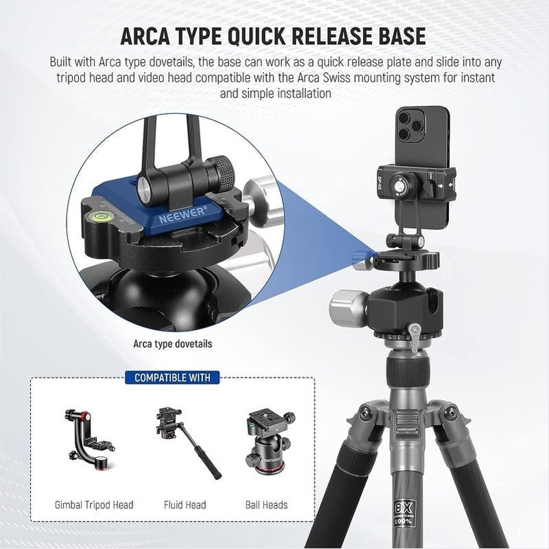 Neewer SP 02 Smartphone Tripod Mount Adapter with Arca QR Base - Universal Phone Holder for DSLR Tripods, Perfect for Vlogging, Live Streaming & Photography