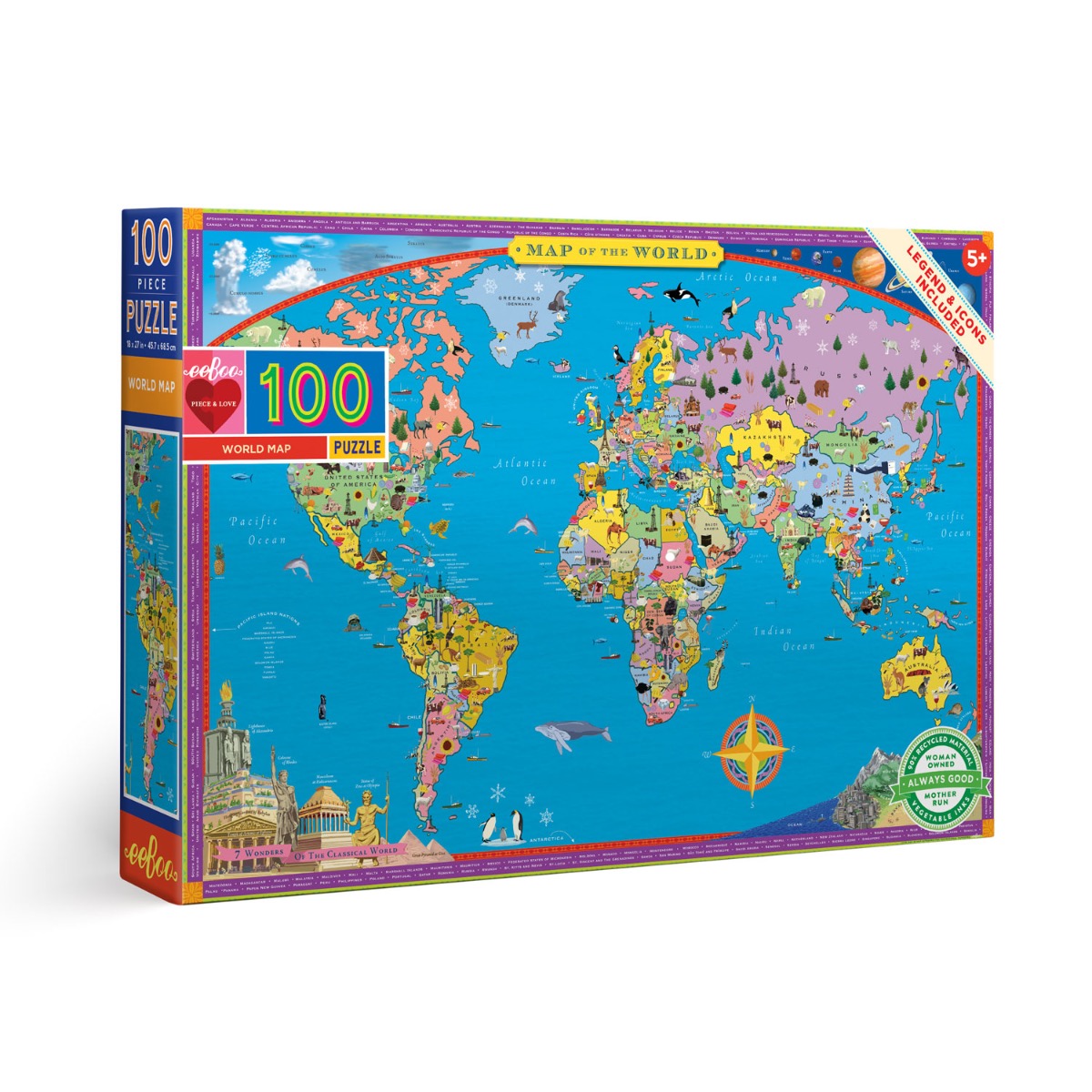 eeBoo 100-Piece World Map Puzzle - Educational Geography Toy for Kids, Perfect for Home Learning & Family Game Night