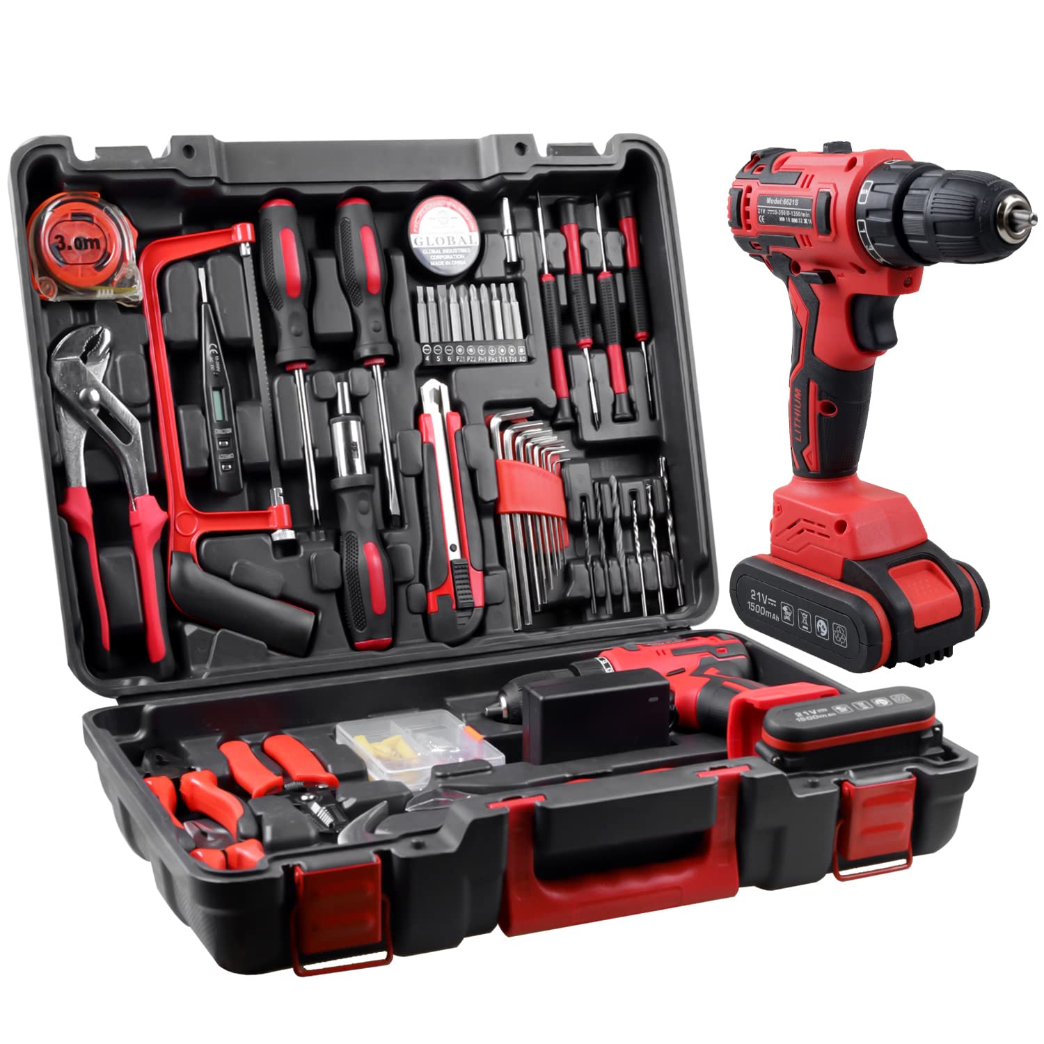 21V Max Cordless Drill/Driver Kit with 112pcs Accessories - Brushless Power Tool Set for Home Repair, DIY Projects & Construction Work | Jar-Owl Red Household Hand Tool Kit for Drilling, Screwing & Fastening Tasks