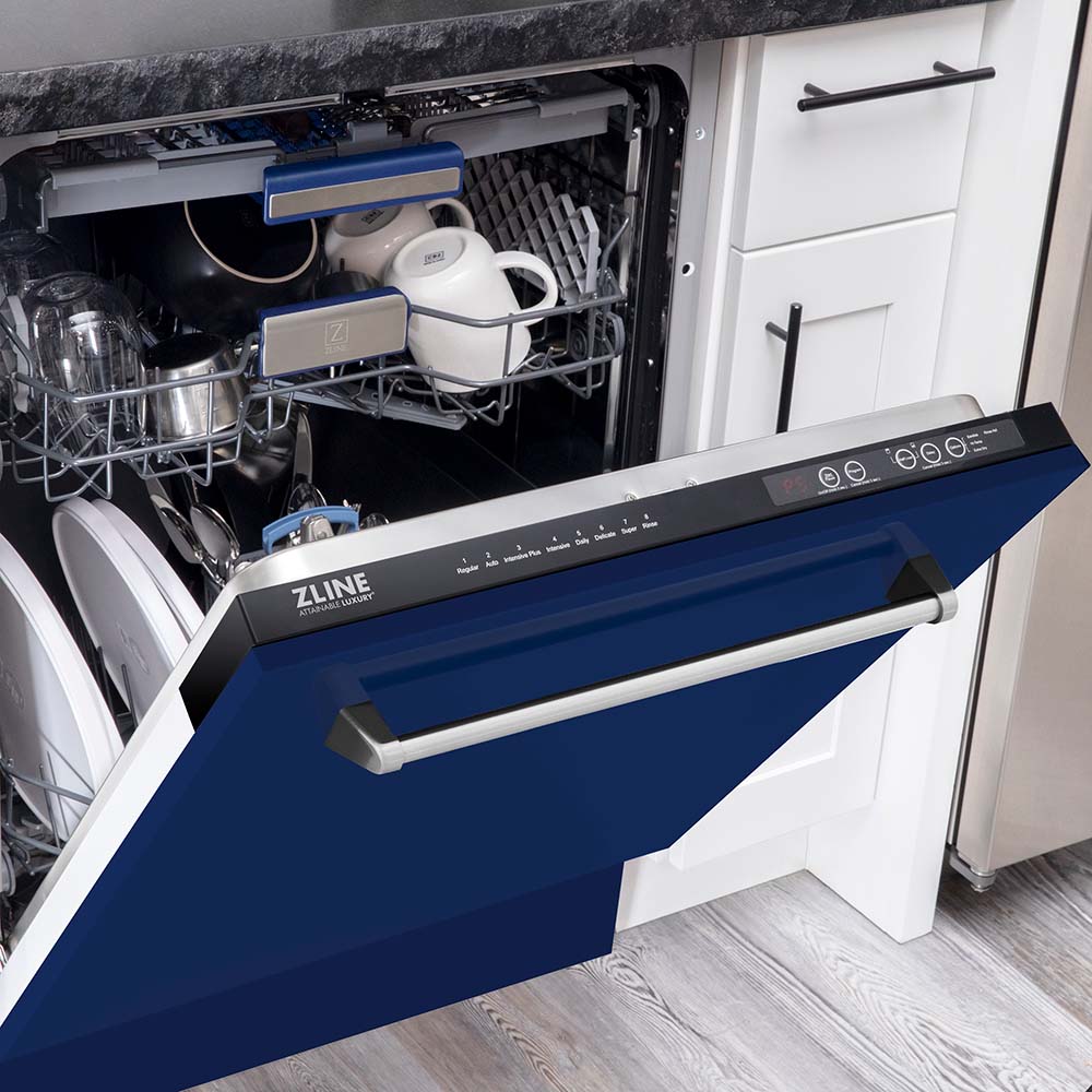 ZLINE 24 Inch Tallac Series 3rd Rack Dishwasher with Blue Gloss Panel & Traditional Handle - 51dBa Ultra Quiet (DWV BG 24) - Perfect for Modern Kitchens & Small Households