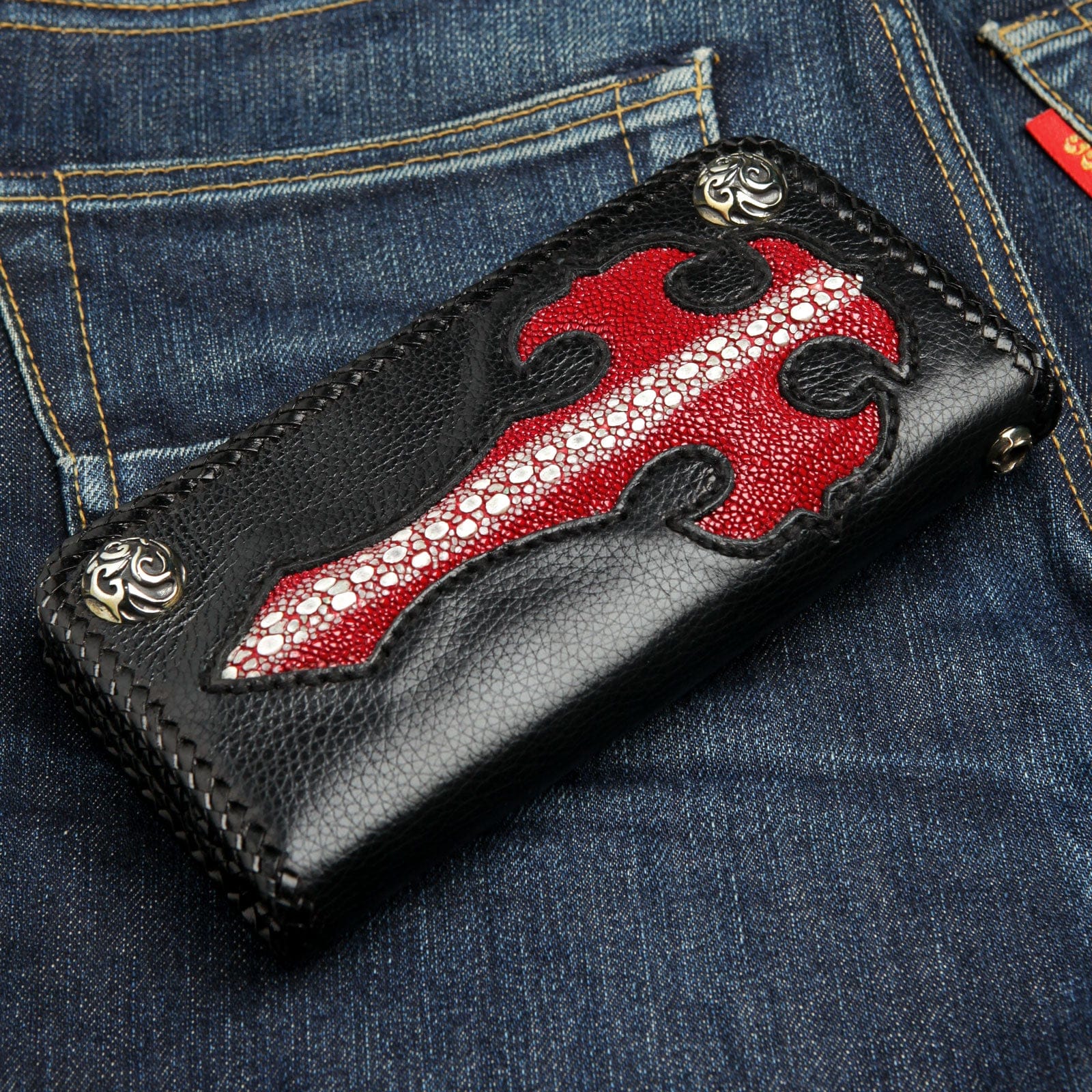 Genuine Stingray Leather Red Gothic Cross Biker Chain Wallet - Perfect for Motorcycle Riders, Gothic Fashion & Punk Style Accessories