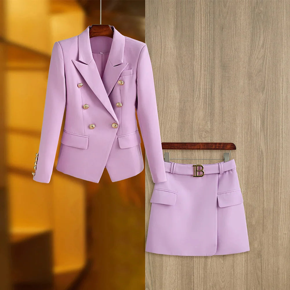 HarleyFashion Women's 2-Piece Blazer Suit Set - Solid Color Summer Blue Skirt Twin Sets, Mini Streetwear Outfit for Ladies | Office Wear, Casual Date Night, Business Attire