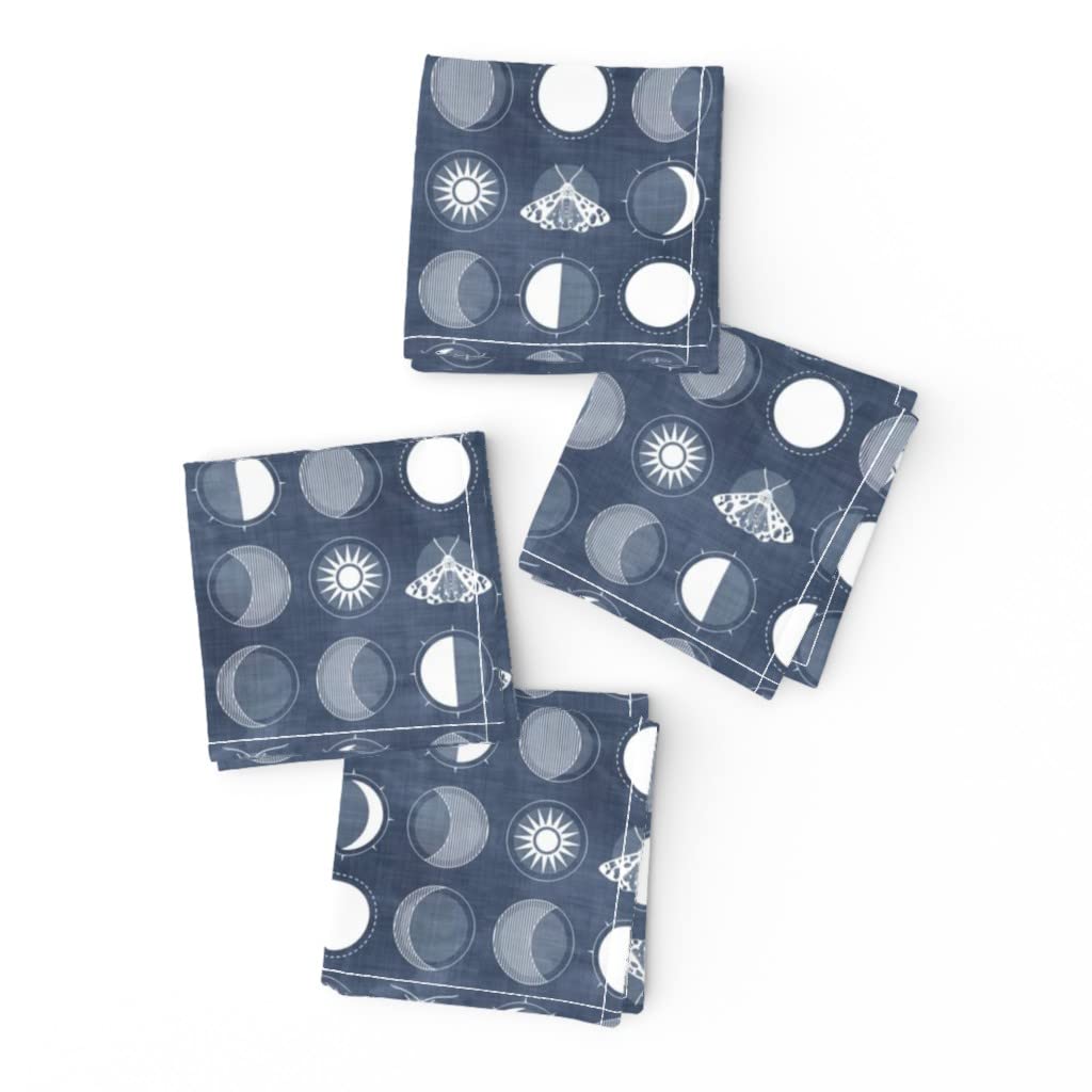 Linen Cotton Canvas Cocktail Napkins Set of 4 - Lunar Moth White Blue Geometric Abstract Print for Parties, Weddings & Home Decor | Premium Absorbent Bar Napkins for Drinks & Appetizers