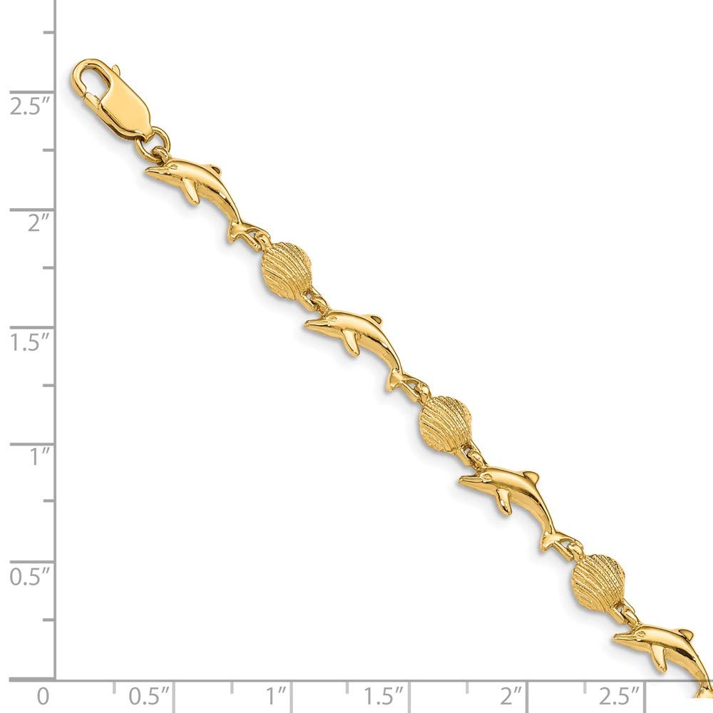14K Solid Yellow Gold Dolphin and Shell Charm Bracelet - Perfect for Beach Vacations, Summer Outfits, and Gift Giving