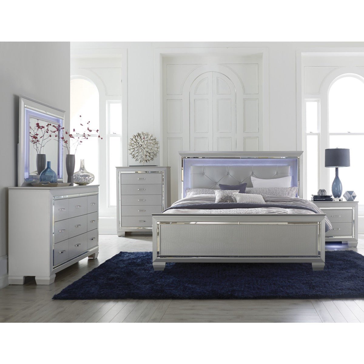 Allura Silver Queen Size Bed Frame with LED Lighting - Modern Platform Bed for Bedroom, Living Room, and Guest Room