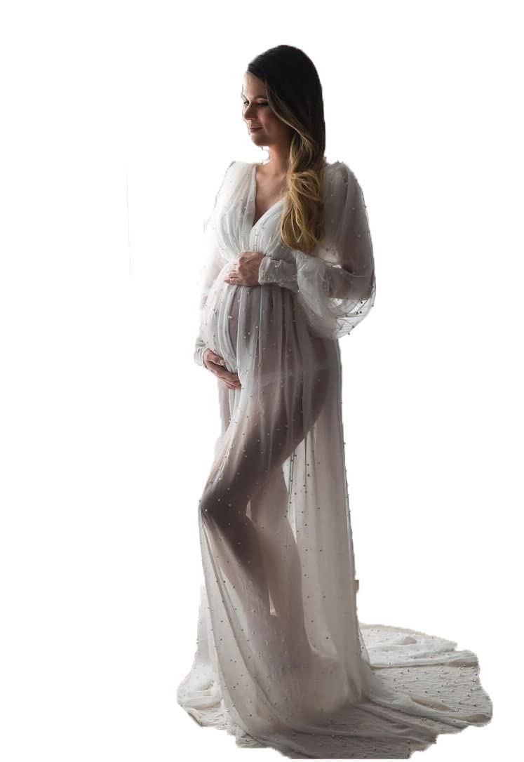 Elegant Maternity Photo Shoot Dress - V-Neck Long Sleeve Maxi Dress for Pregnancy Photography | Perfect for Baby Shower, Maternity Announcement & Pregnancy Portraits