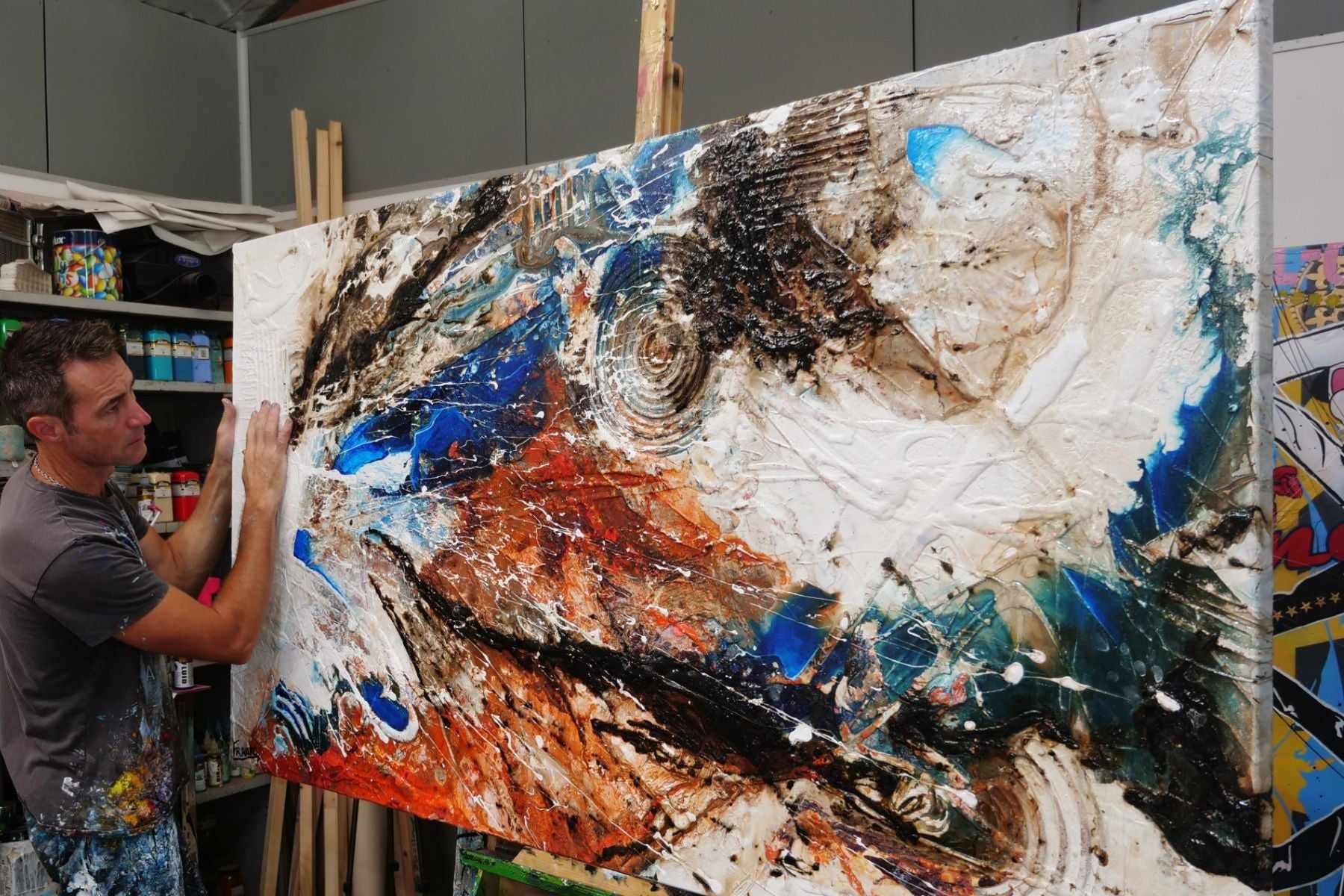 190cm x 100cm White Orange Blue Textured Abstract Canvas Painting for Overlanding - Modern Wall Art for RV, Camper Van & Adventure Vehicle Decor