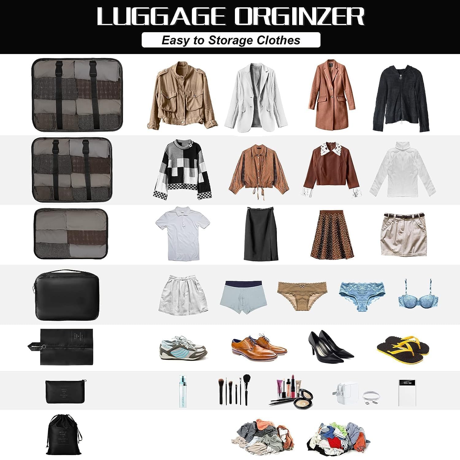 VERAT 7-Piece Travel Organizer Set - Packing Cubes for Clothes & Toiletry Bag - Lightweight Luggage Organizers for Women - Perfect for Vacations, Business Trips & Weekend Getaways (Black)