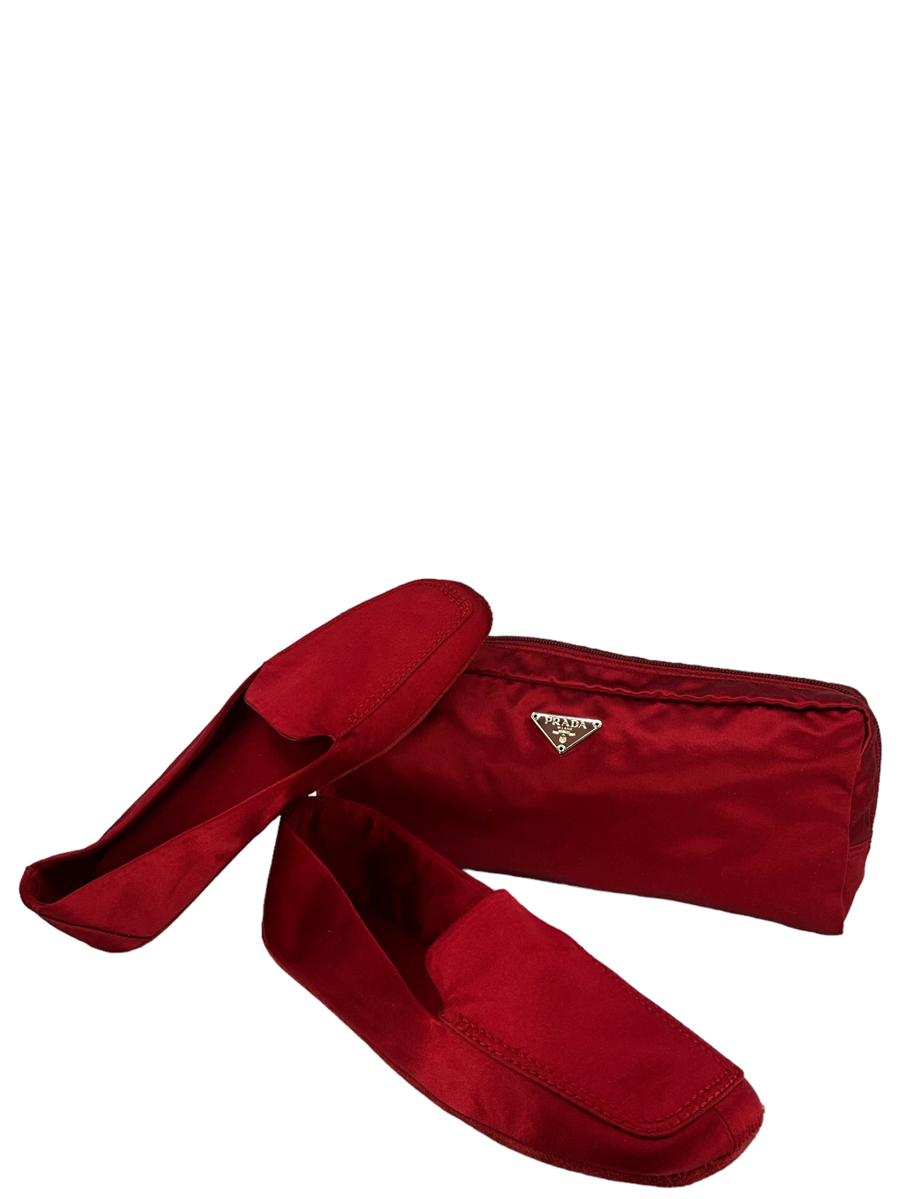 Prada Red Satin Ballet Flats Women's Size 10 with Matching Travel Bag - Elegant Comfort for Work, Travel and Special Occasions