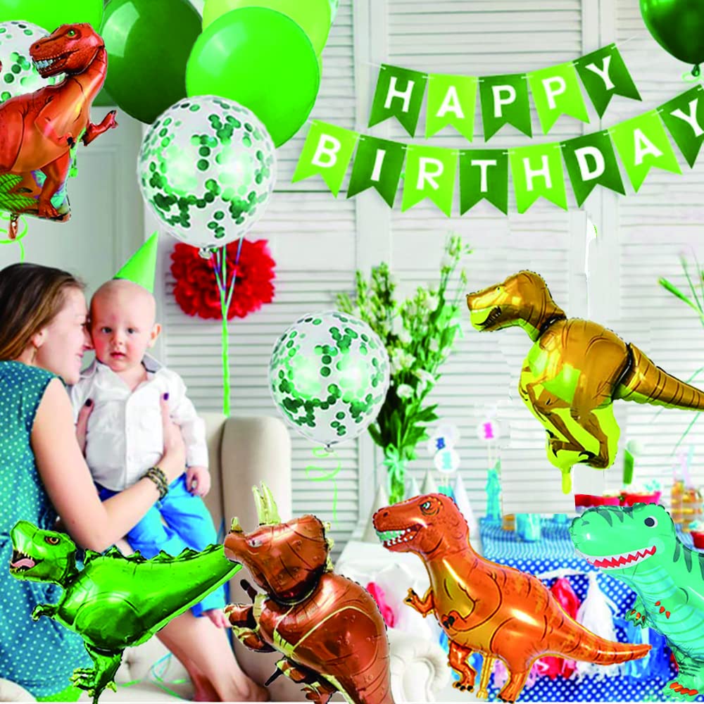Dinosaur Balloon Jungle Theme Party Decorations - 24pc Set with Large Foil Balloons, Banners & Latex Confetti Balloons for Kids Birthday, Baby Shower & Jurassic Themed Events