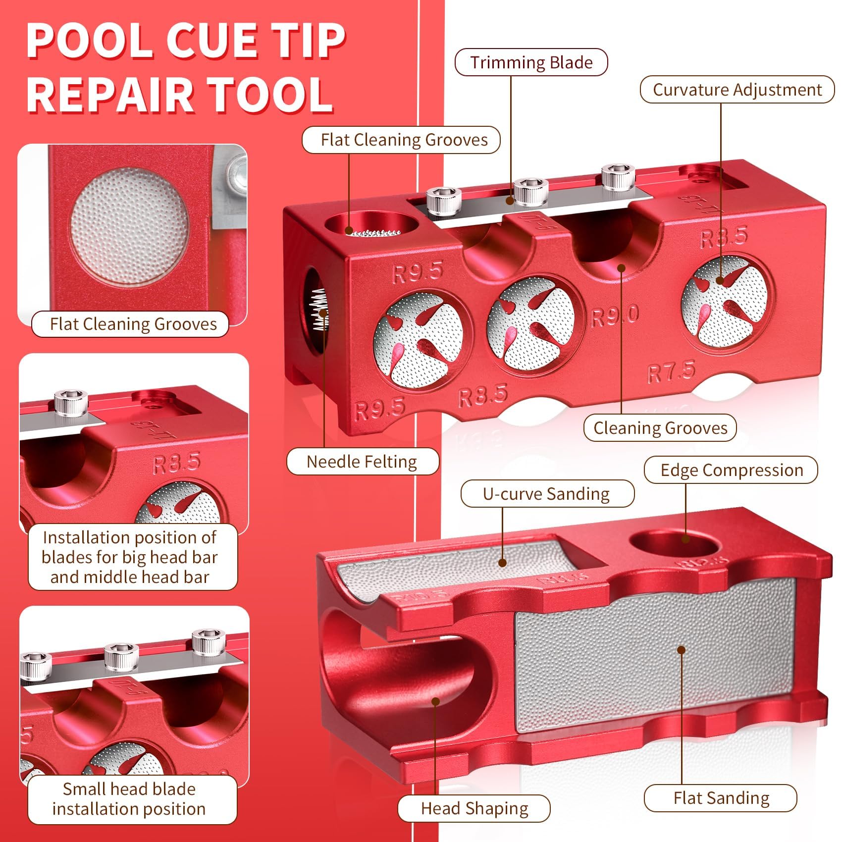 11-in-1 Aluminum Alloy Pool Cue Tip Shaper - Professional Cue Stick Tool Kit for Billiards, Snooker & Pool Players - Perfect for Replacement, Shaping & Maintaining Cue Tips at Home or in Tournaments