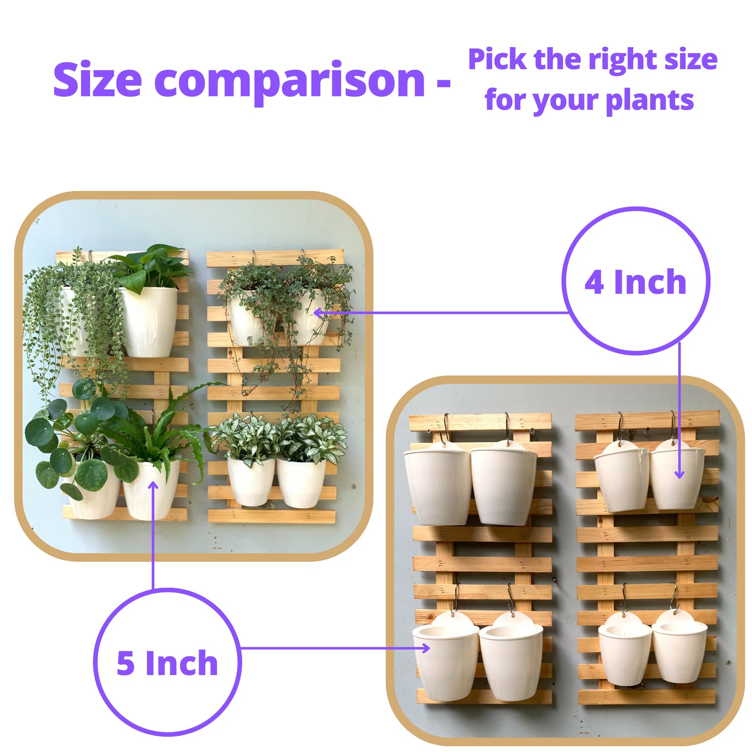 ShopLaLa Bundle - 4 Inch Self Watering Plant Pots with 2 Pack Wooden Planter Holders, Indoor Vertical Wall Garden Kit for Herbs & Succulents | Space Saving Hydroponic System for Kitchen, Balcony & Small Apartments