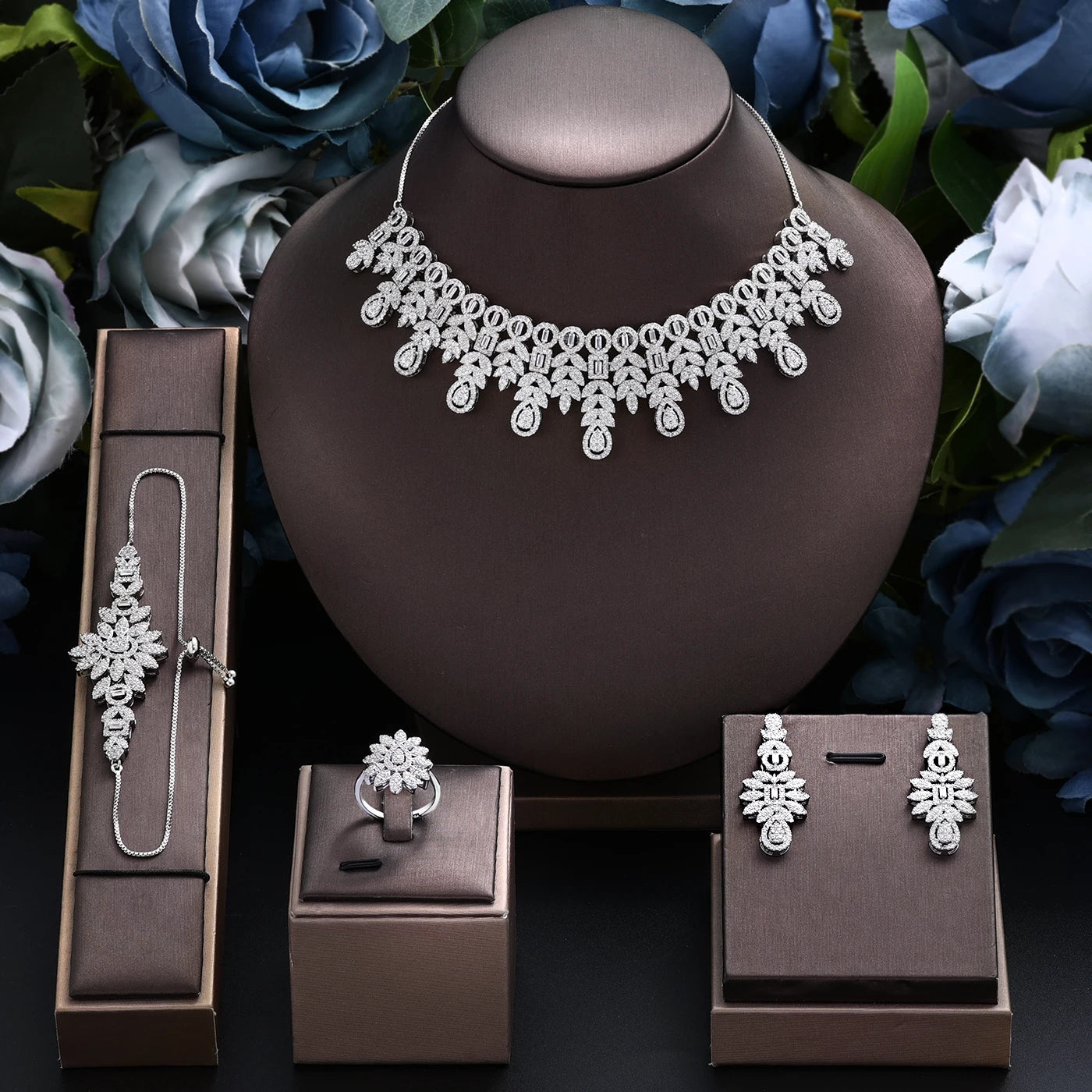 4-Piece Zirconia Bridal Jewelry Set for Women - Adjustable Chain Necklace, Earrings & Bracelet - Perfect for Weddings, Anniversaries & Special Occasions
