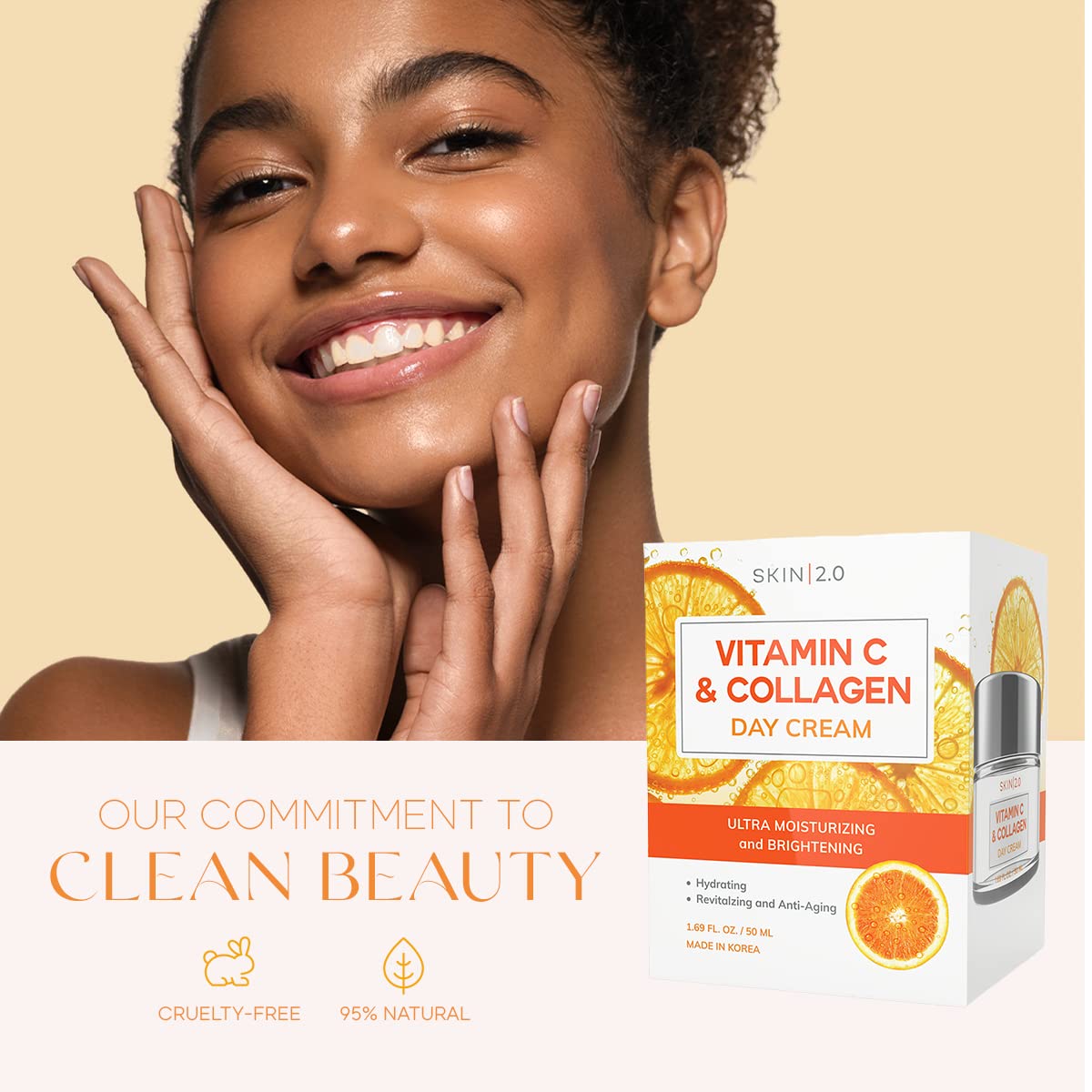 Vitamin C & Collagen Face Moisturizer - Anti-Aging, Skin Tightening & Brightening Cream - Dermatologist Tested, Clean Beauty, Cruelty-Free Korean Skincare for Dry, Oily & Sensitive Skin - 1.69 Fl Oz - Perfect for Day & Night Use, Travel-Friendly Size