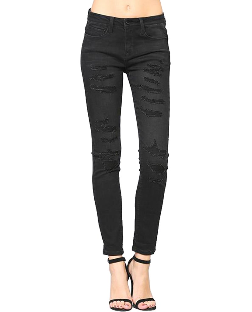 Vervet by Flying Monkey Black Distressed Skinny Jeans for Women - Stretch Denim Pants, Ripped & Frayed Details, Comfortable Fit for Casual Wear, Night Out or Street Style Fashion