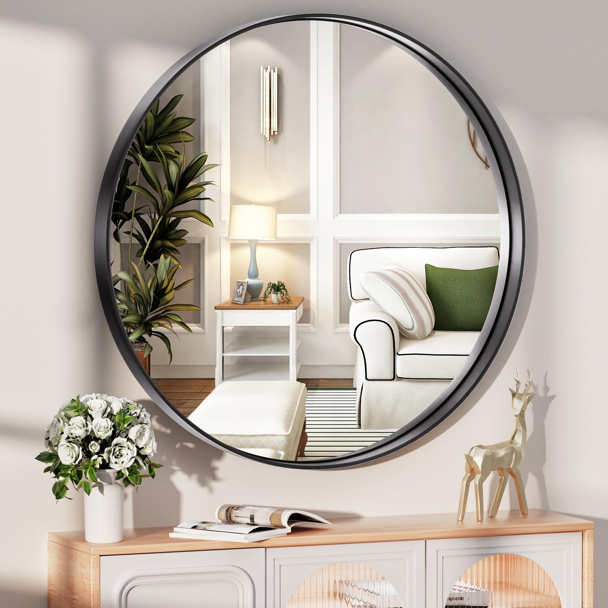 Hasipu 20×20 Inch Round Bathroom Mirror with Black Metal Frame - Modern Wall Mounted Vanity Mirror for Bathroom, Bedroom & Entryway Decor - Perfect for Makeup, Grooming & Home Styling