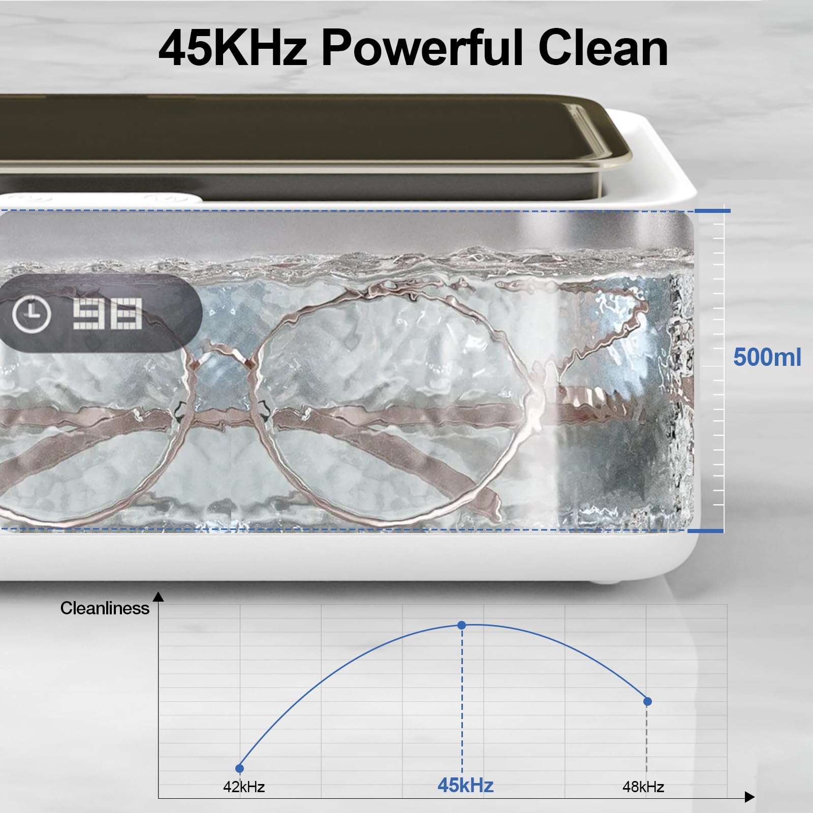 17oz (500ml) 45KHz Ultrasonic Jewelry Cleaner Machine - Professional Portable Cleaner with LED Display & Timer for Jewelry, Eyeglasses, Watches, Dentures, Rings, Razors - Perfect for Home, Jewelry Stores & Travel Use