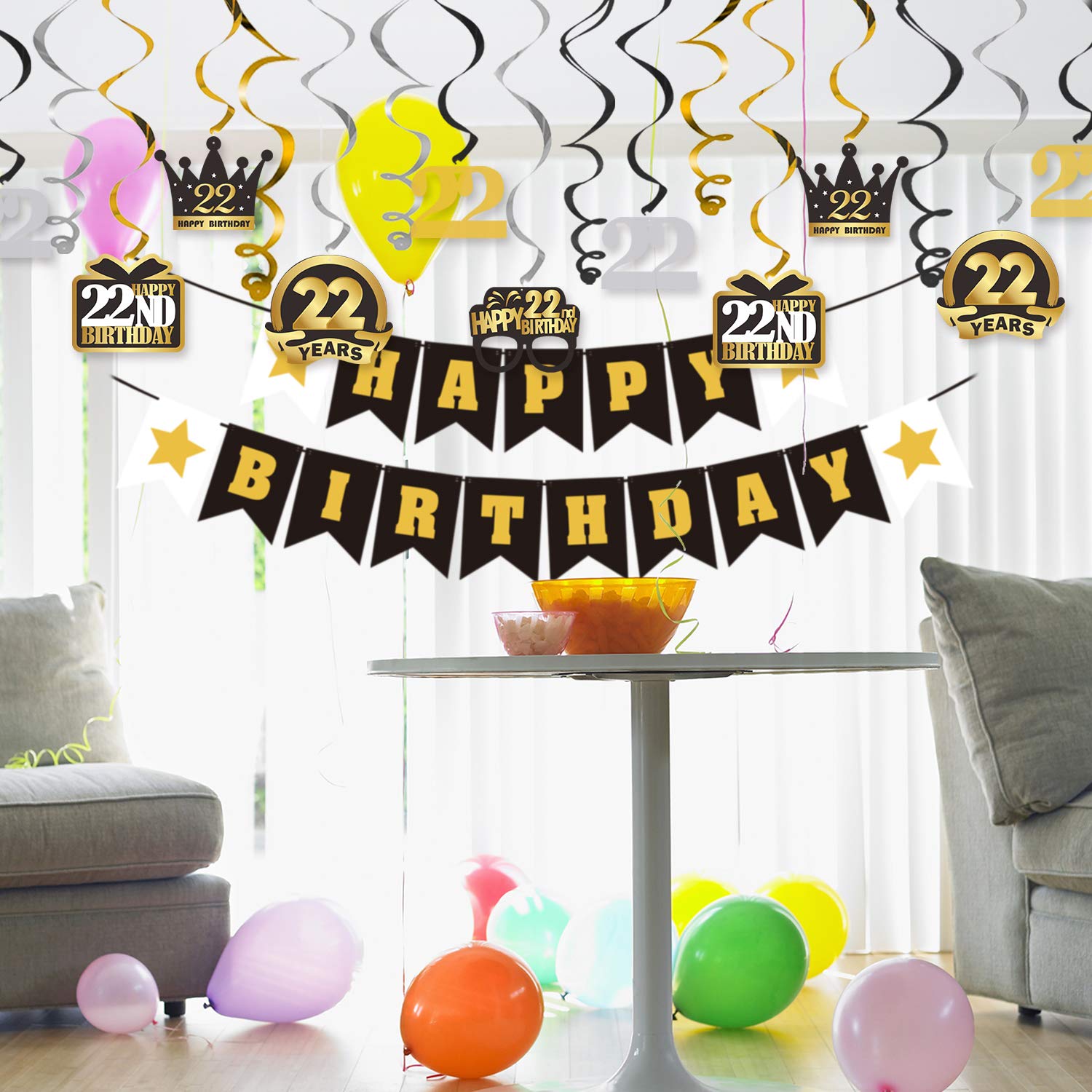 Happy 22nd Birthday Decorations Set - Swirl Streamers, Banner & Backdrop for 22nd Birthday Party Decor | Perfect for Milestone Celebrations, Photo Backdrops & Festive Room Decorations