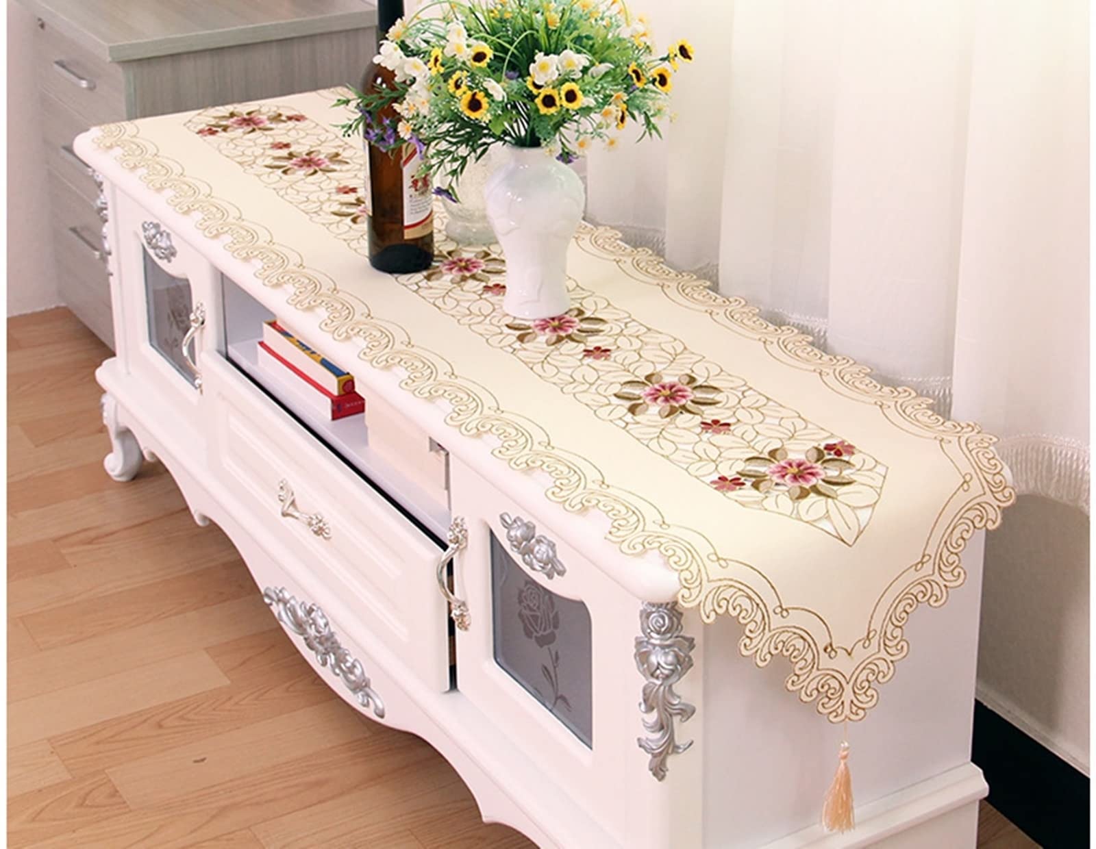 Beige Pink Round Embroidered Flower Polyester Table Runner 40x270cm - Elegant Kitchen & Dining Table Decor for Christmas, Weddings, and Home Decor
