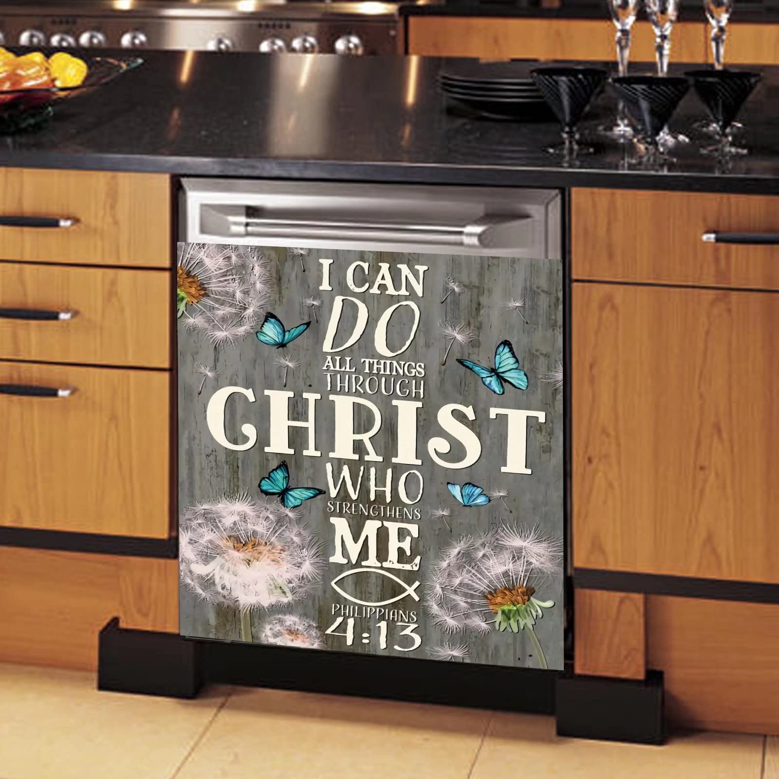 Dandelion Flower Dishwasher Magnet Cover - Christian Verse Decal, 'I Can Do All Things Through Christ' Refrigerator Magnet, Butterfly Fridge Sticker - 23