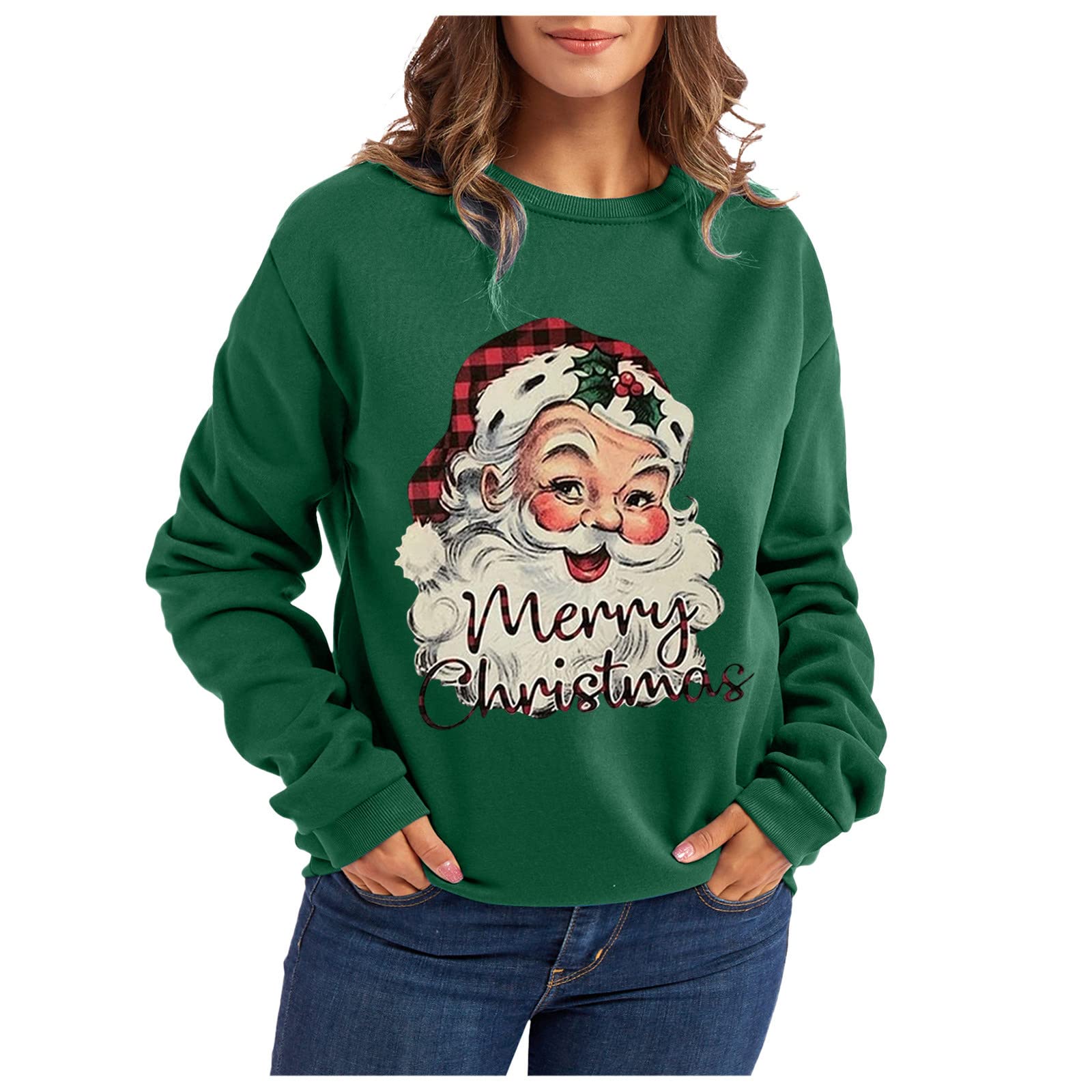 Women's Santa Claus Graphic Sweatshirt - Vintage Holiday Crewneck Pullover Long Sleeve Shirt | Casual Christmas Fashion for Parties & Family Gatherings