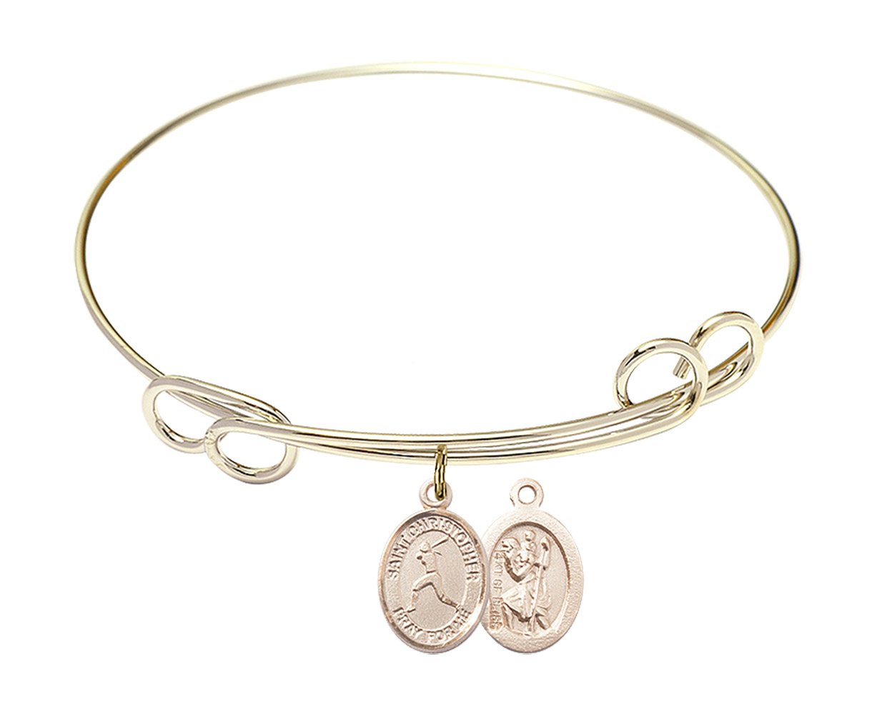 F A Dumont 7.5 Inch Round Double Loop Bangle Bracelet with St. Christopher & Softball Charm - Perfect for Sports Fans, Travelers & Everyday Wear