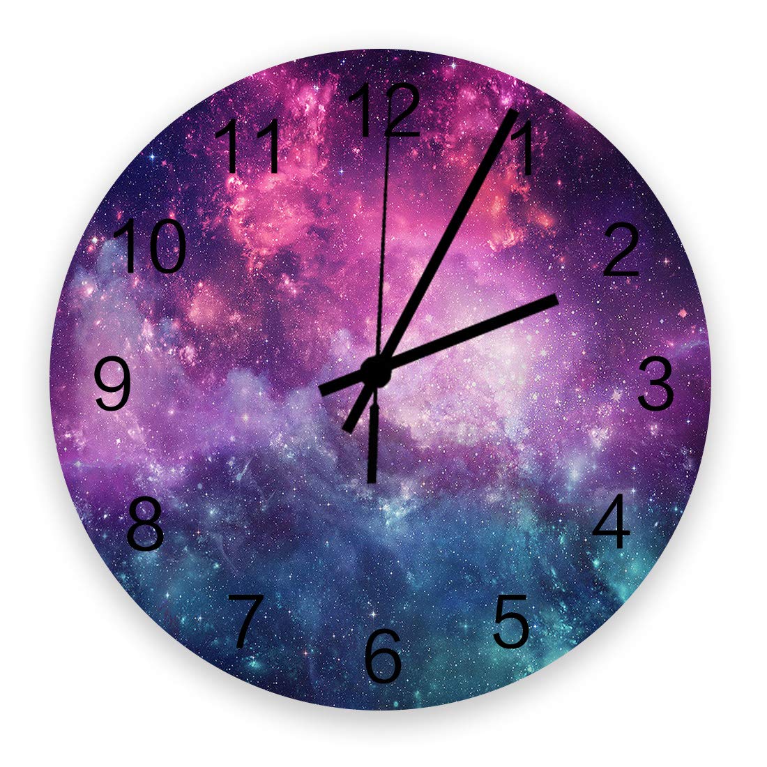 12 Inch Silent Non-Ticking Wooden Wall Clock - Cosmic Galaxy Starry Sky Ombre Purple Blue Design - Battery Operated Round Clock for Bedroom, Bathroom, Office & Wall Decor - Perfect for Home, Office & Gift Giving