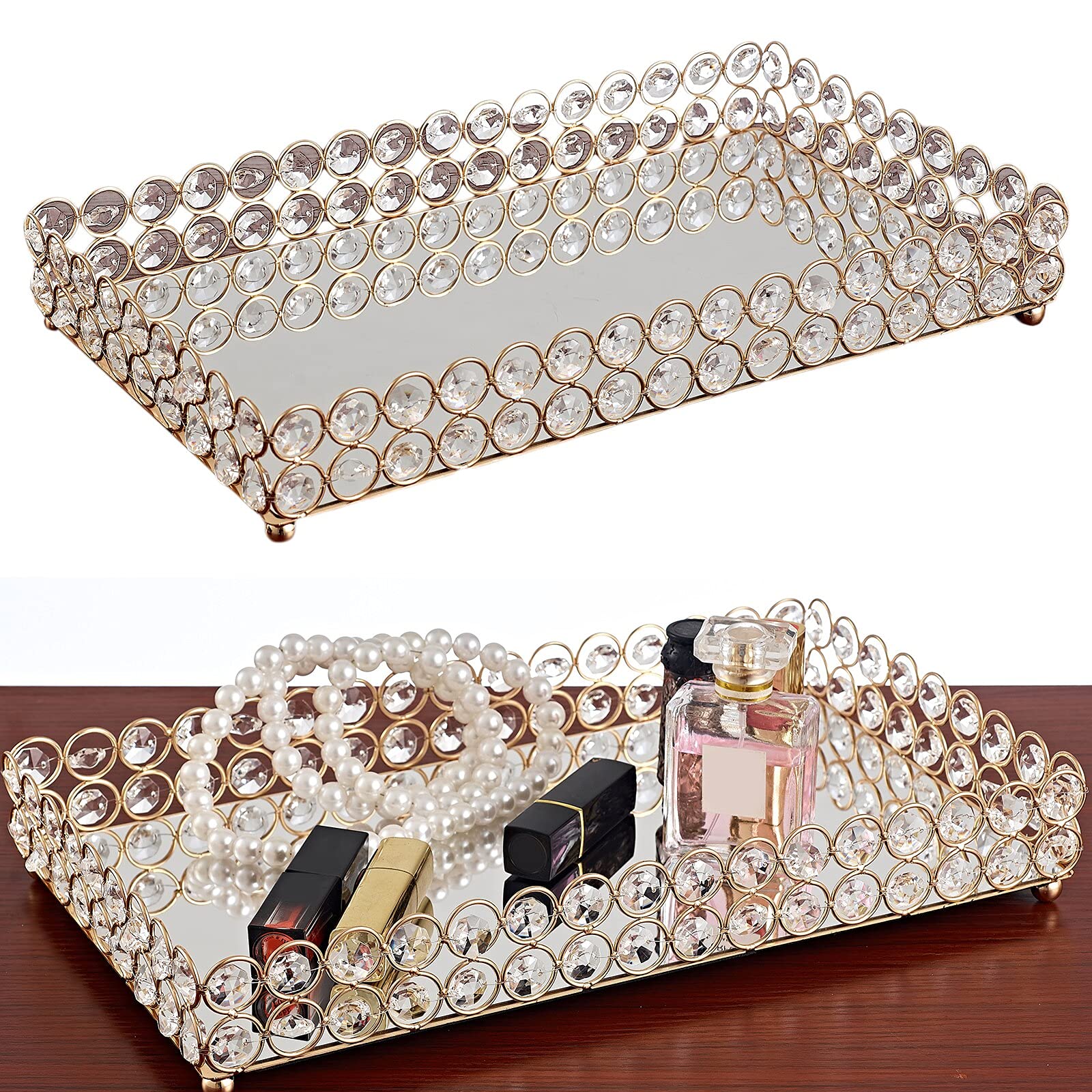 LJP Crystal Mirrored Bathroom Tray - Decorative Vanity Organizer for Makeup, Jewelry & Trinkets (35x20x5cm) - Perfect for Bathroom Countertops, Dressing Tables & Gift Giving