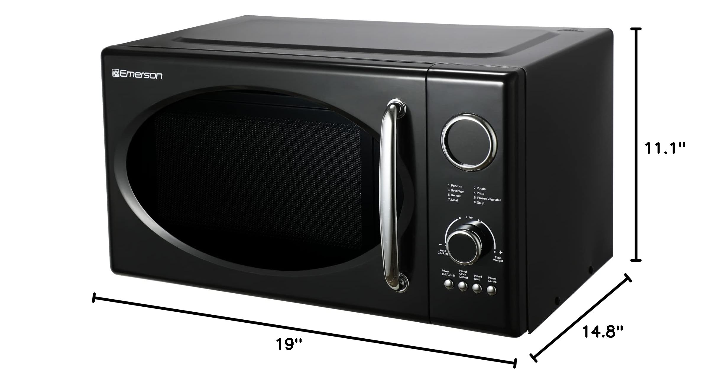 Emerson MWRG0901BK 0.9 Cu. Ft. Retro Black Microwave Oven with Grill - 800W Microwave & 1000W Grill, LED Display, 5 Power Levels, 8 Auto Menus, Glass Turntable & Child Lock - Perfect for Small Kitchens, Dorms & Office Break Rooms