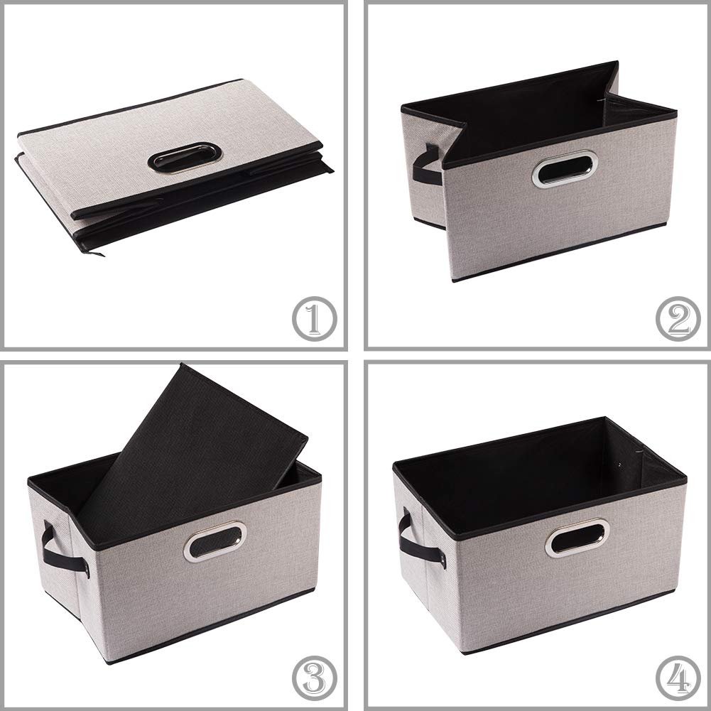 PRANDOM Large Collapsible Storage Bins [3-Pack] - Linen Fabric Storage Baskets with Leather/Metal Handles for Closet, Living Room, Bedroom - Light Grey (17.3x12.2x10.4 Inch) - Perfect for Organizing Toys, Blankets & Home Decor