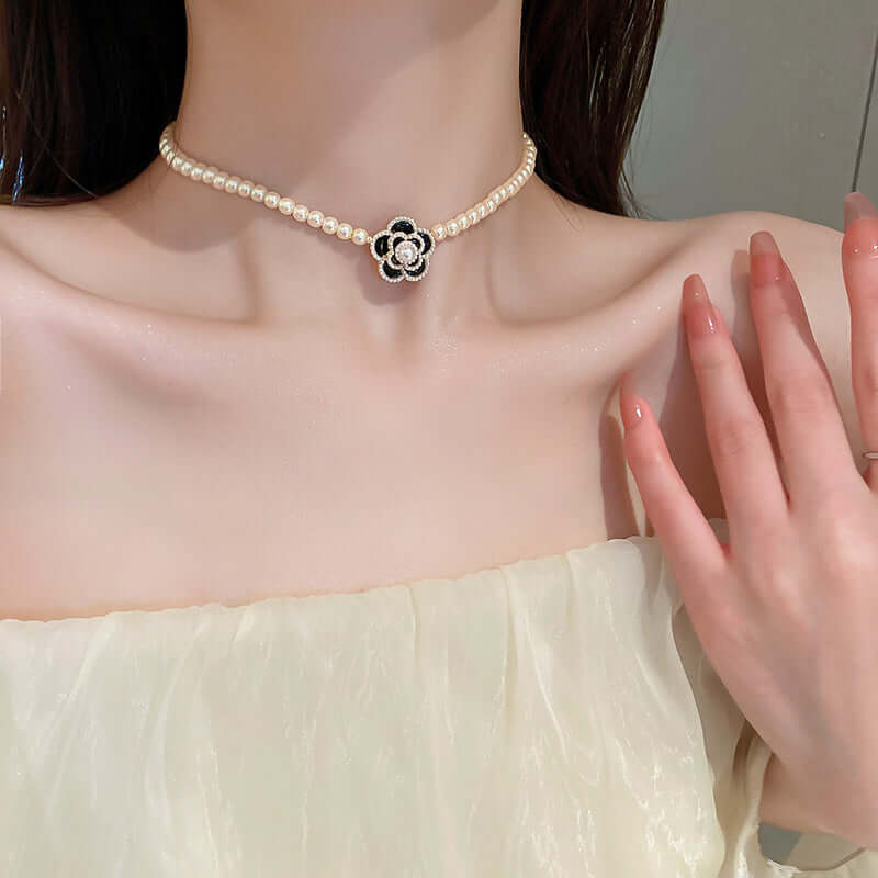 Pearl Bead Camellia Choker Necklace for Women - Elegant Floral Pearl Necklace Jewelry Gift (HN2357) | Perfect for Weddings, Parties, and Special Occasions