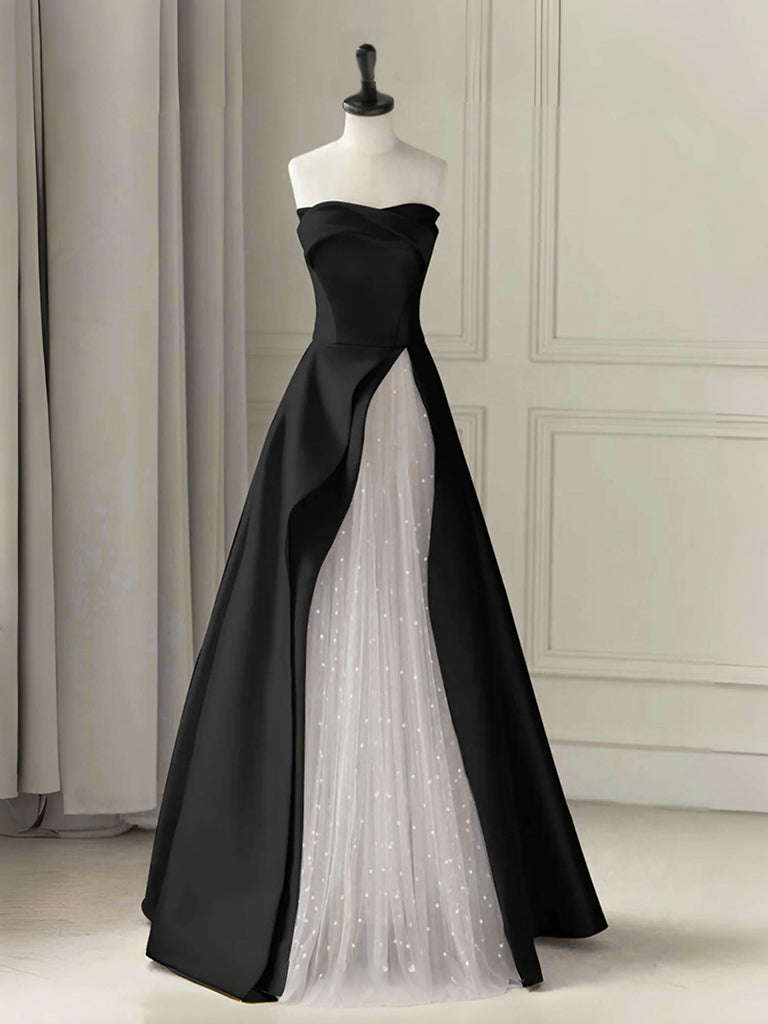 Elegant A-Line Tulle Satin Black & White Long Prom Dress - Formal Evening Gown for Homecoming, Wedding, Ballroom Dance & Special Occasions