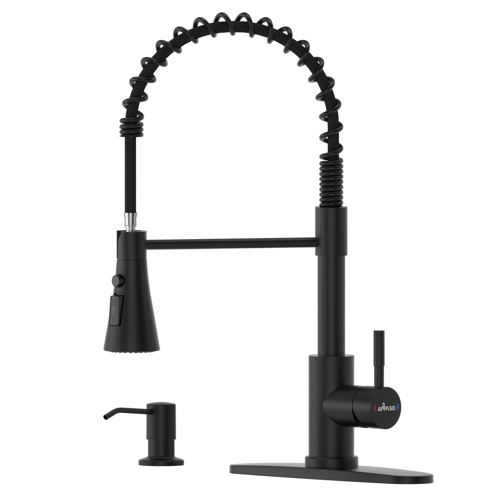 APPASO Matte Black Commercial Spring Kitchen Faucet with Pull Down Sprayer & Soap Dispenser - High Arc Single Handle Sink Faucet for Farmhouse, RV, Restaurant Use - Perfect for Modern Kitchens and Heavy-Duty Cooking Areas