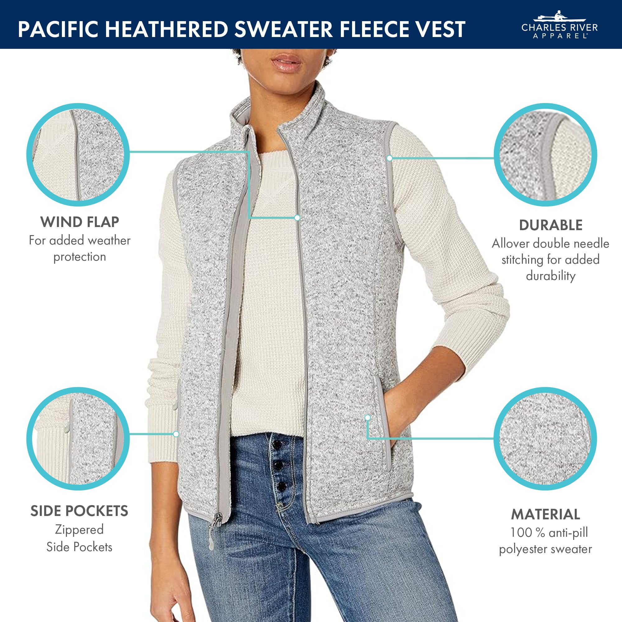 Charles River Apparel Women's Pacific Heathered Sweater Fleece Vest - Lightweight Warm Layering for Outdoor Hiking, Camping & Casual Wear