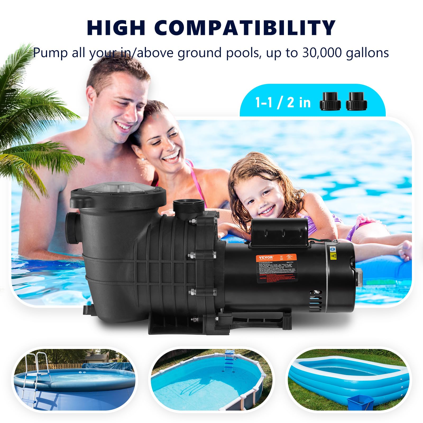 VEVOR 1.5 HP 230V 1100W Double Speed Above Ground Pool Pump with Strainer Basket - 5400 GPH Max Flow, ETL Certified | Ideal for Inground & Above Ground Pools, Backyard Swimming Pools, Water Circulation & Filtration Systems