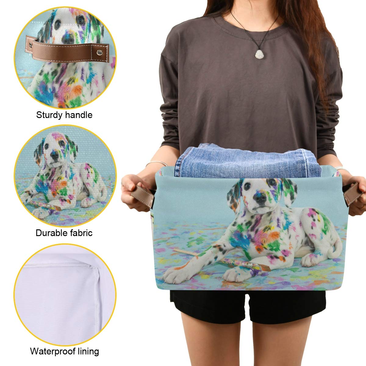 QMXO Collapsible Canvas Storage Basket with PU Leather Handles - Watercolor Dalmatian Puppy Design for Toys, Clothes & Home Organization | Perfect for Wardrobe, Closet & Shelf Organizer