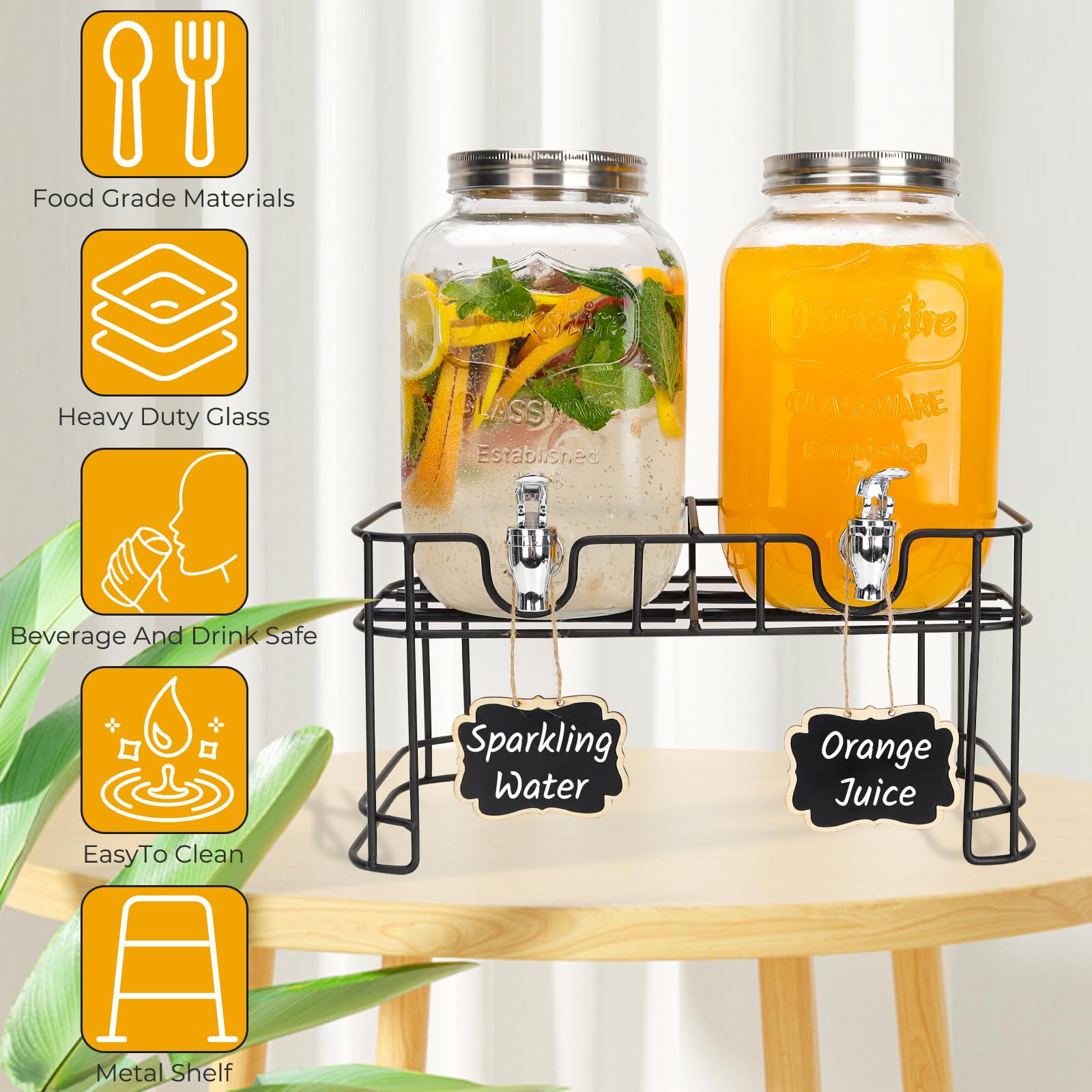 2-Pack 1 Gallon Glass Drink Dispensers with Stand & Spigot - 100% Leak Proof Beverage Dispenser for Parties, Lemonade, Iced Tea - Includes Ice Cylinder & Chalkboard Label - Perfect for Weddings, BBQs, and Outdoor Events
