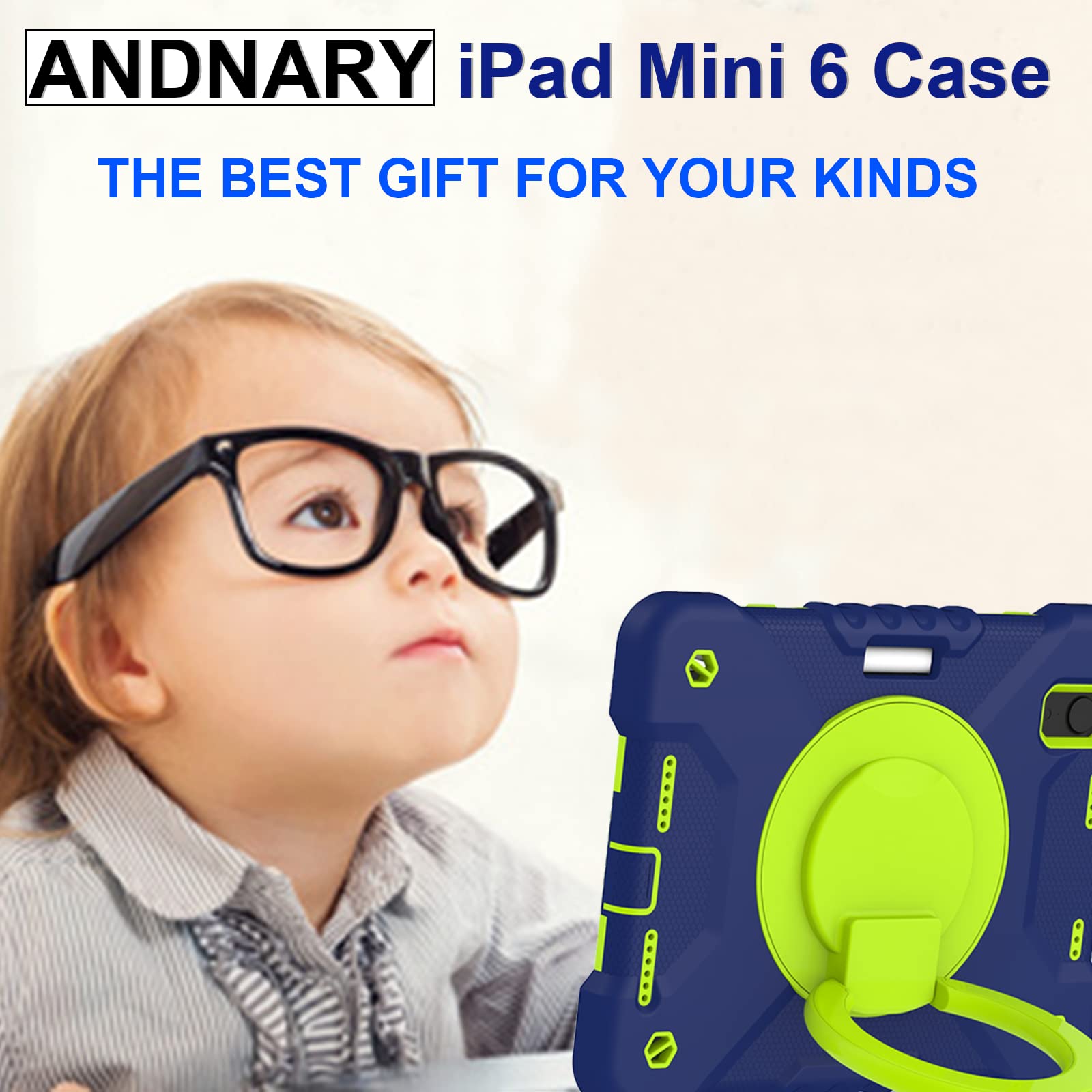 2024 iPad Mini 7 & 2021 iPad Mini 6 Case with Built-in Pencil Holder, 360° Rotating Handle Stand - Shockproof Protective Cover for 8.3 Inch iPad Mini 7th/6th Generation (Navy+Green) - Perfect for Work, Travel & Drawing