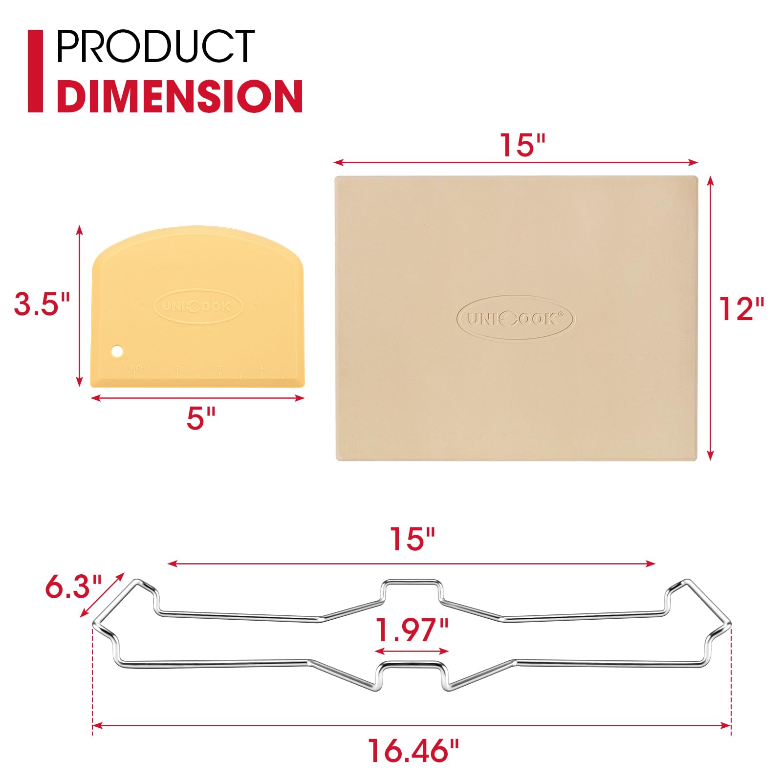 Unicook 15 x 12 Inch Cordierite Pizza Stone for Oven & Grill - Rectangular Baking Stone for Bread, Pizza, Pie & Cookies - Includes Carry Rack & Dough Scraper - Perfect for Home Baking, Outdoor Grilling & Restaurant Use