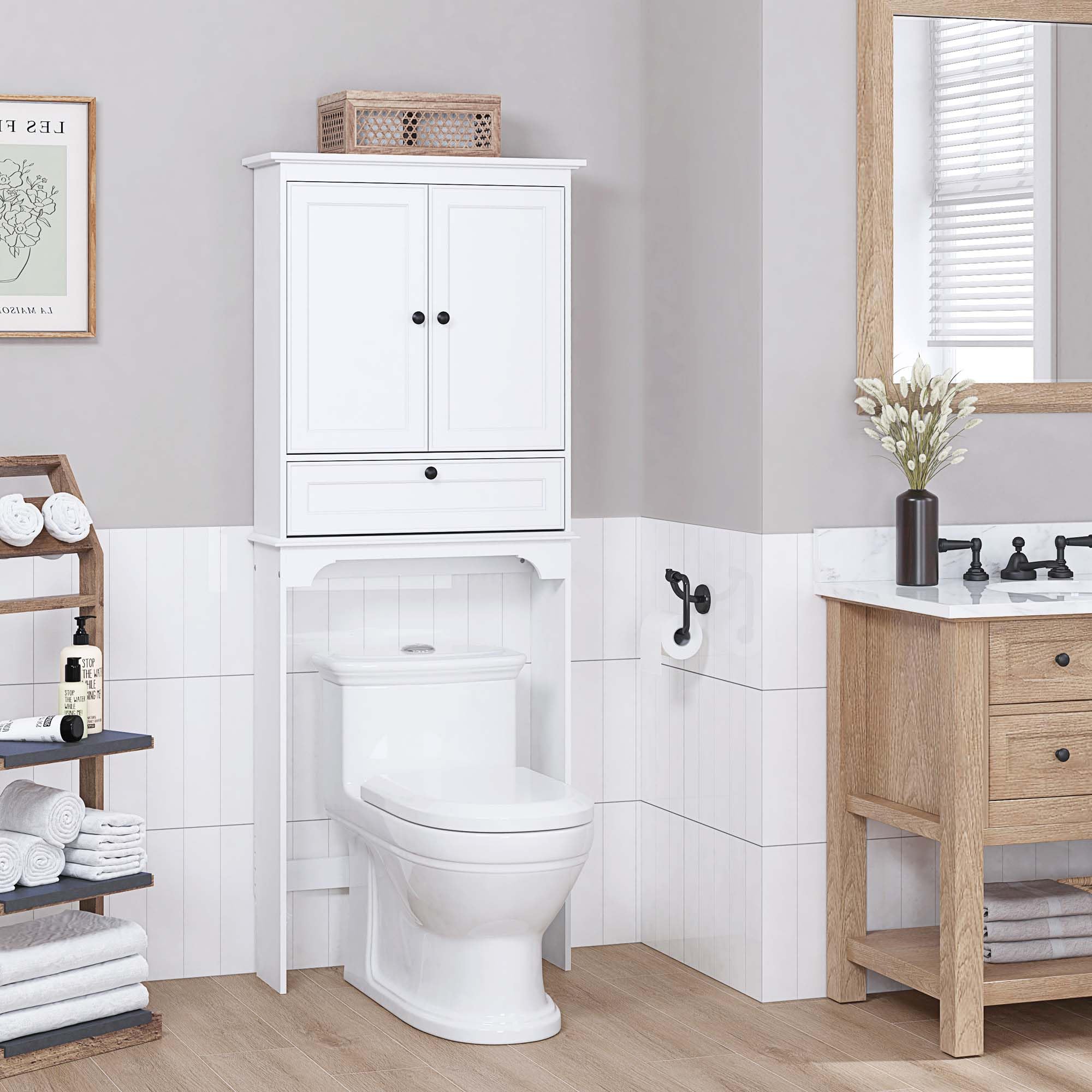 Spirich Over The Toilet Storage Cabinet with Doors & Adjustable Shelves - White Bathroom Organizer for Towels, Toiletries & Cleaning Supplies | Space-Saving Solution for Small Bathrooms & Apartments