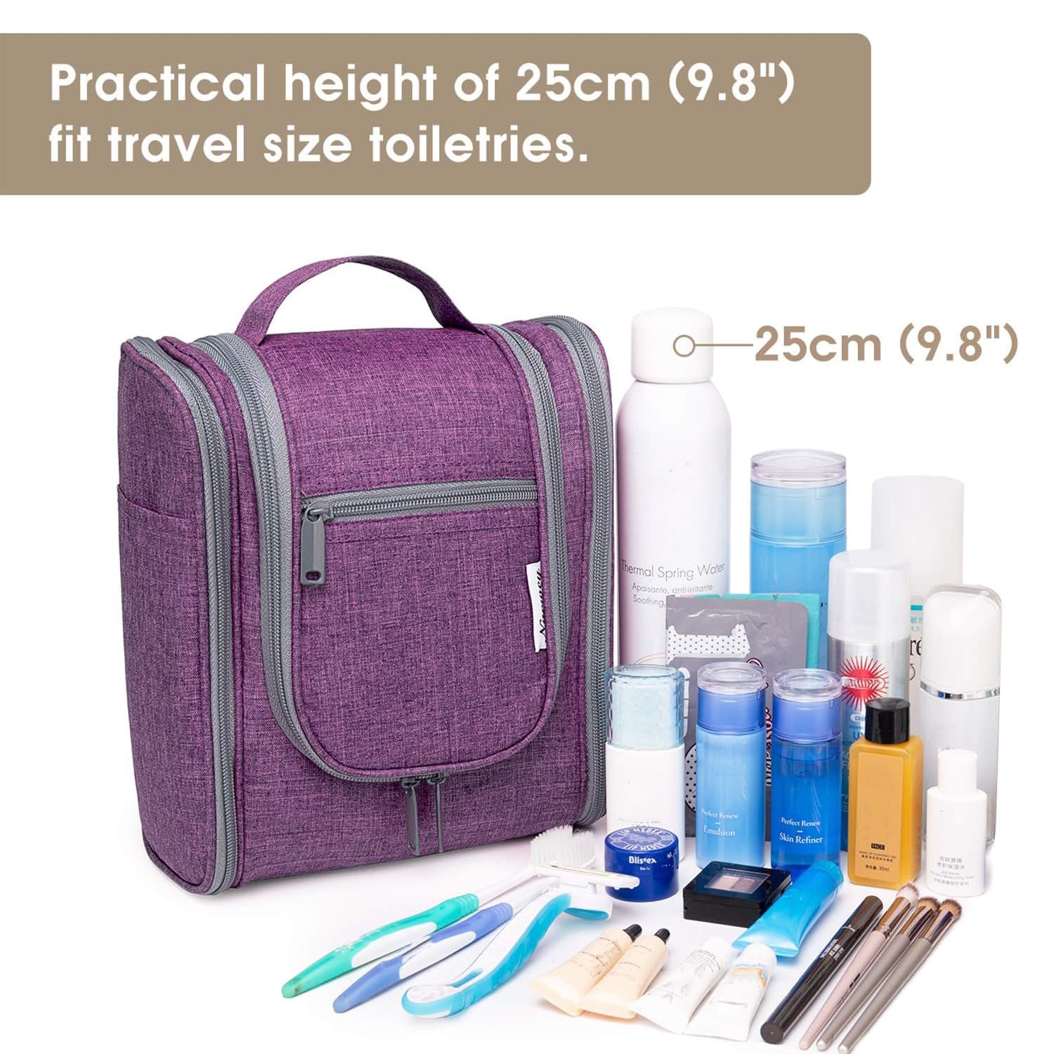 Narwey Small Hanging Toiletry Bag for Women - Travel Makeup Organizer with Multiple Pockets - Perfect for Cosmetics, Toiletries & Travel Essentials (Medium, Dark Purple) | Ideal for Airplane Carry-On, Gym, Camping & Vacation Trips