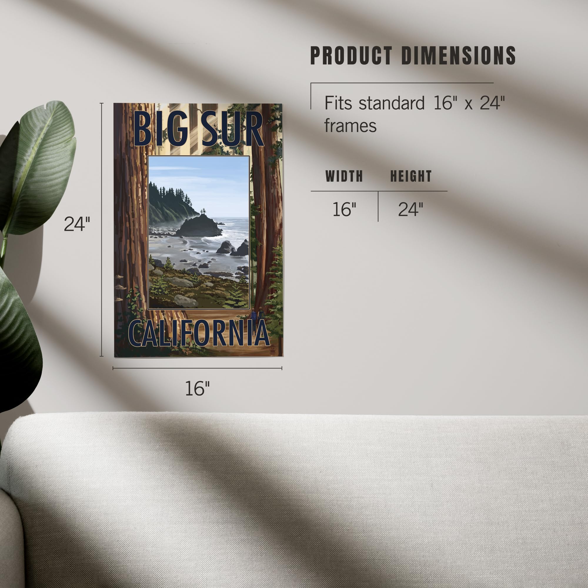 Lantern Press 16x24 Inch Giclee Art Print - Big Sur California Coastal Landscape with Trees & Ocean View - Wall Decor for Living Room, Bedroom & Office