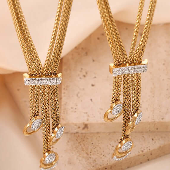 18K Gold & Silver Mesh Waterfall Tassel Necklace Bracelet Set for Women - Elegant Layered Jewelry for Party, Wedding & Evening Wear | MAT002