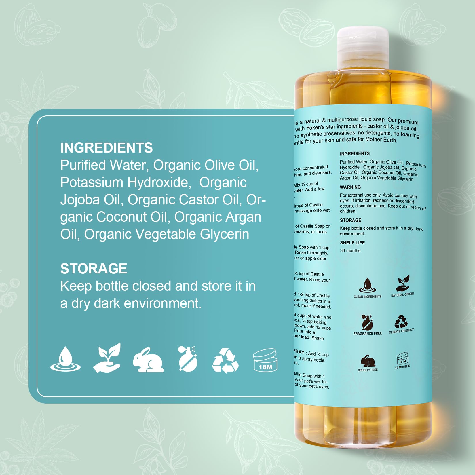 Organic Unscented Pure Castile Liquid Soap 67 fl oz - Vegan, Palm Oil Free, Gentle Multi-Purpose Soap for Face, Body, Hand Wash & Dishes | Perfect for Sensitive Skin, Baby Care & Eco-Friendly Cleaning