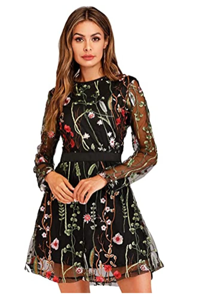 Origine Lei Women's Floral Embroidery Mesh Round Neck Party Dress with Sashes - Elegant Short Mini Dress for Cocktail Parties, Weddings & Special Occasions