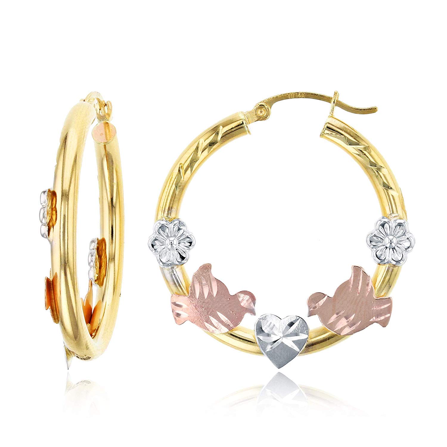 14K Tricolor Gold 3mm Hoop Earrings for Women - Diamond Cut Flower, Virgin Mary, Lovebirds & Heart Design | Hypoallergenic Jewelry for Sensitive Ears | 25mm-30mm Small Hoops | Perfect for Gifts, Weddings & Everyday Elegant Wear