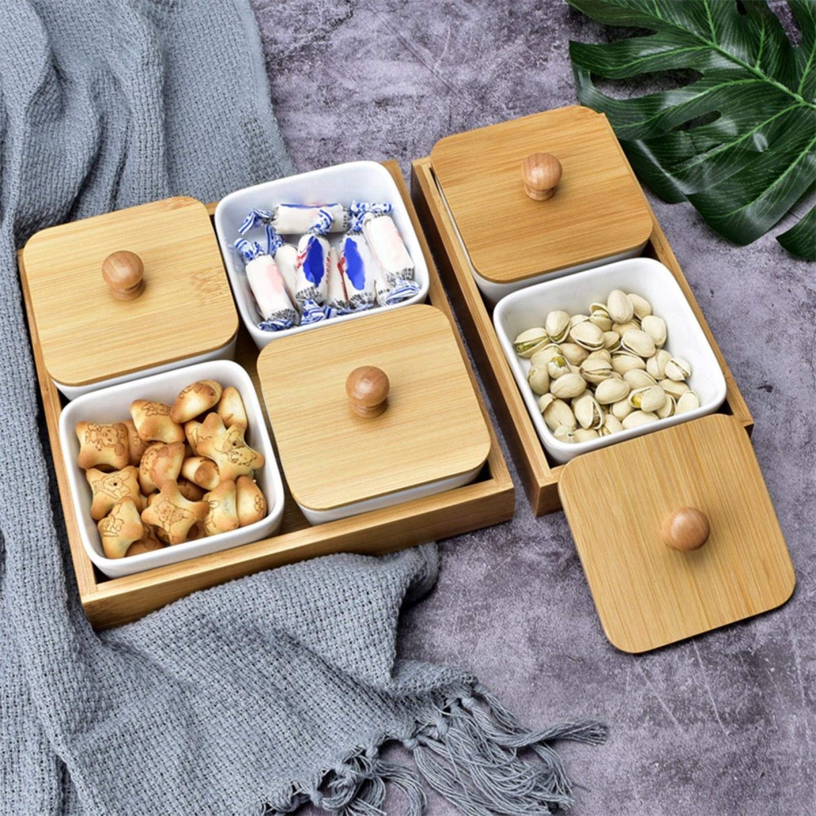 4-Compartment Ceramic Appetizer Serving Platter with Removable Bamboo Tray - Perfect for Dips, Veggies, Candy & Snacks | Elegant Party, Dinner & Entertaining Serving Dish