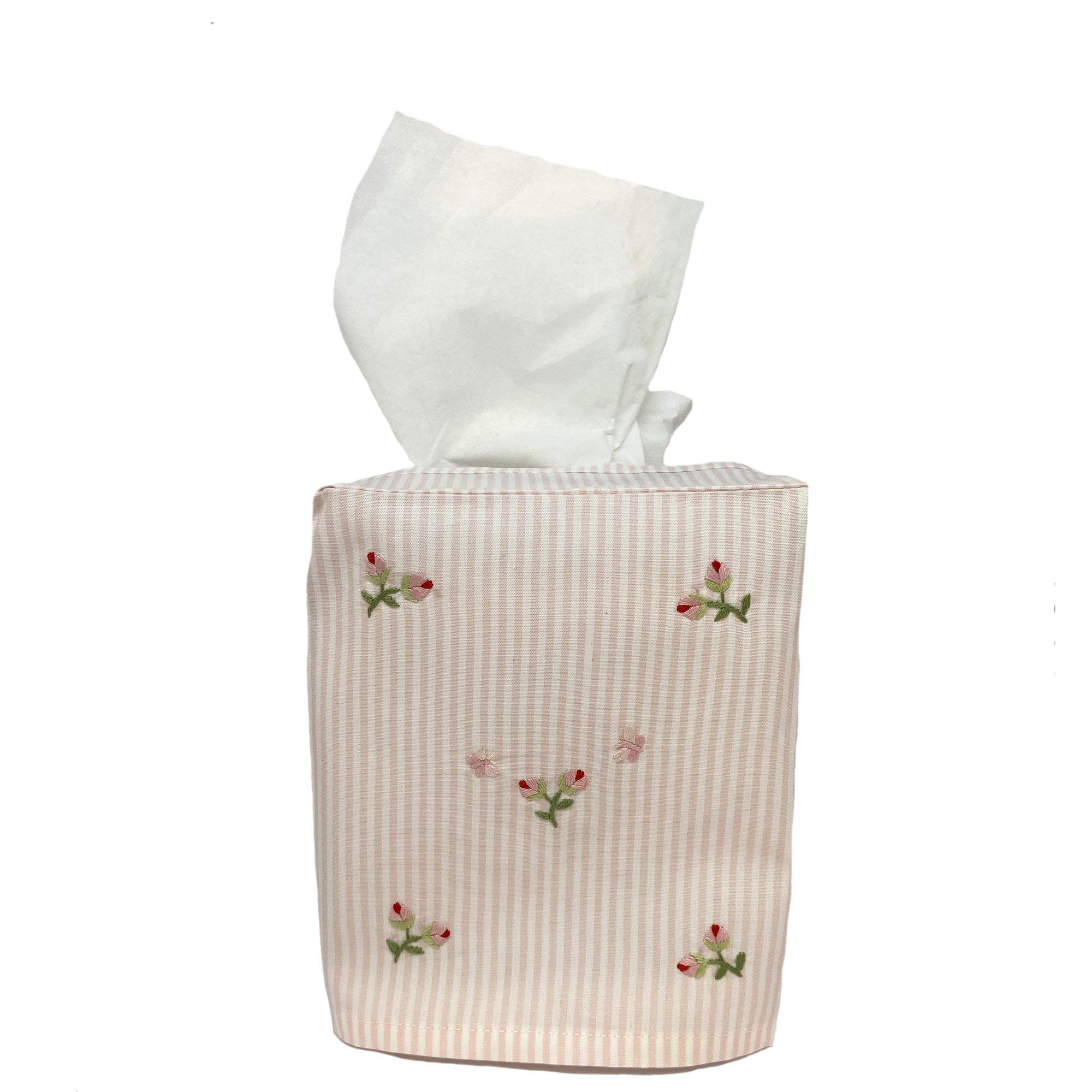 Elegant Pink Stripe Tissue Box Cover with Hand Embroidered Baby Rosebuds - Decorative Floral Tissue Holder for Home, Office, and Gift Giving