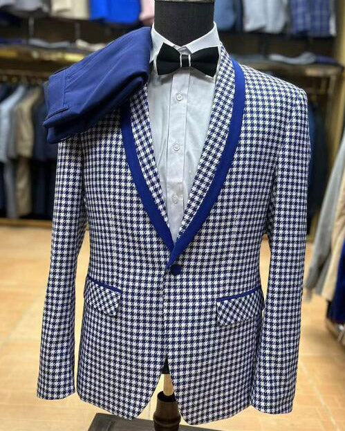 Houndstooth Tuxedo Suit for Men - 2 Piece Formal Blazer Jacket & Pants Set | Business Party, Wedding, Prom Attire | Premium Menswear CB2414