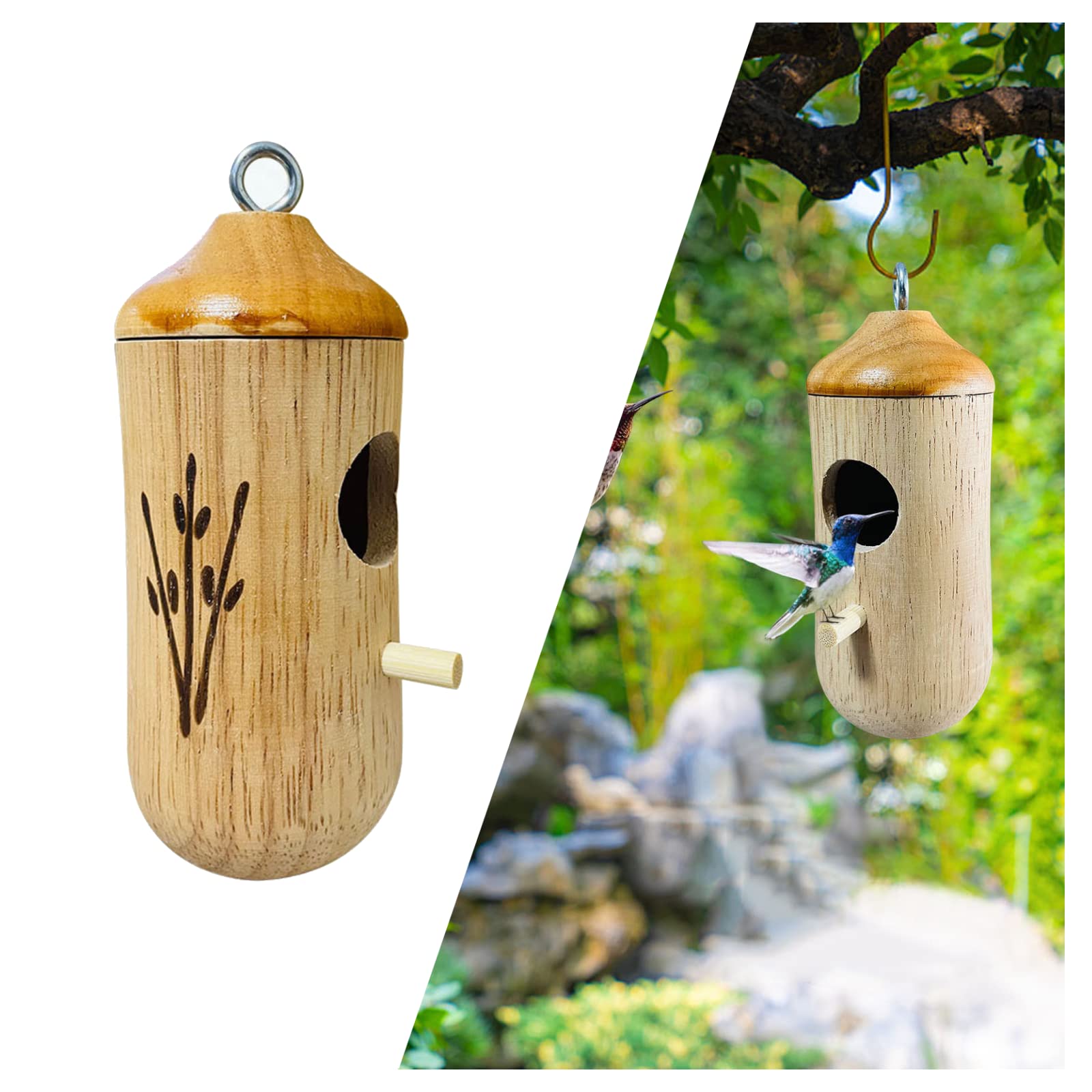 2022 Wooden Hummingbird House for Outdoor Hanging - Handcrafted Hummingbird Nesting Box with Swing, Perfect Garden Decor & Unique Bird Lover Gift (Natural Wood) - Ideal for Backyard, Patio, and Garden Bird Watching